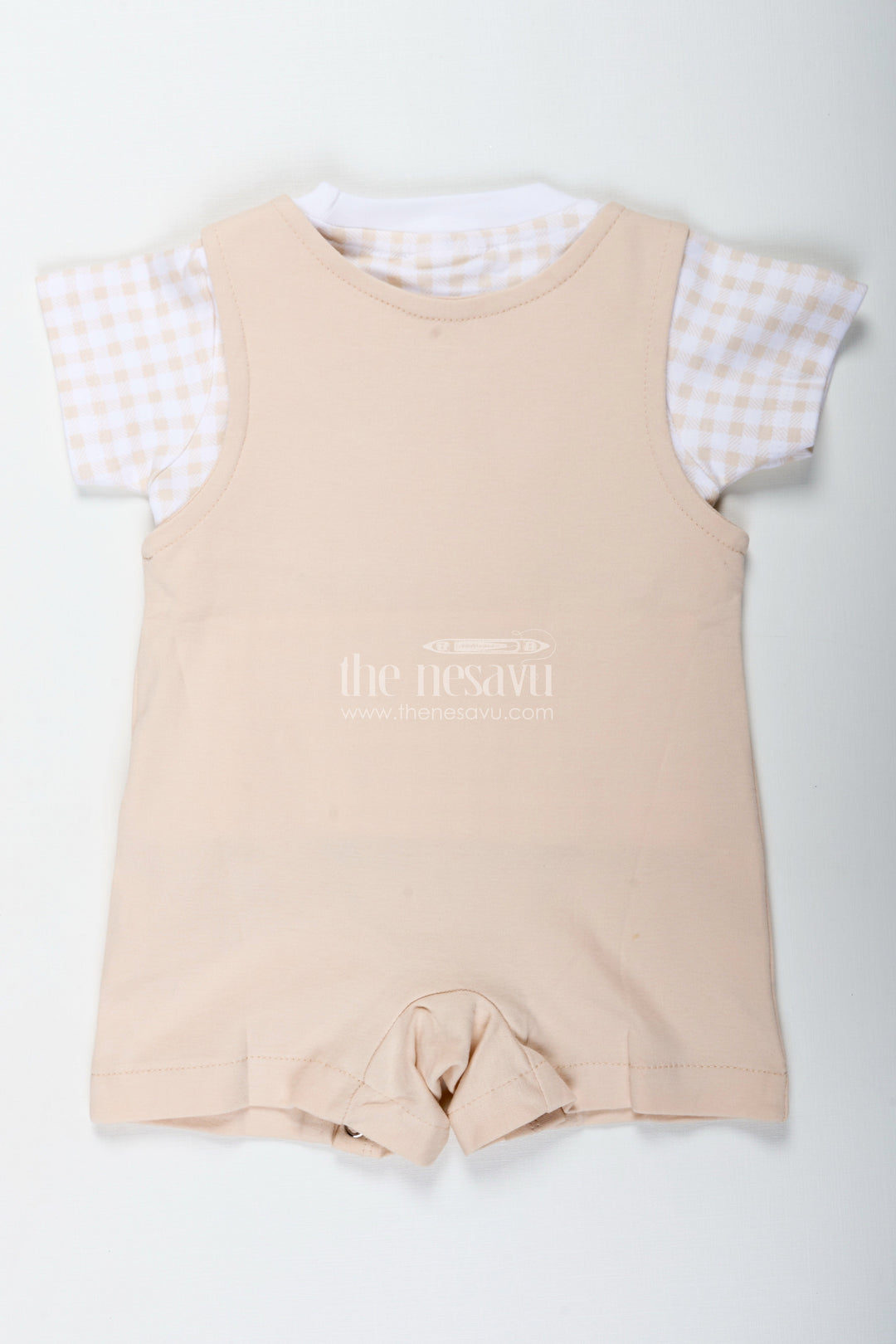 The Nesavu Boys Casual Set Newborn Teddy Bear Costume for Boys in Soft Cotton with Triple Bear Patch and Checkered Sleeves Nesavu Nesavu Newborn Teddy Bear Costume Boys Cotton Triple Bear Patch Check Tee