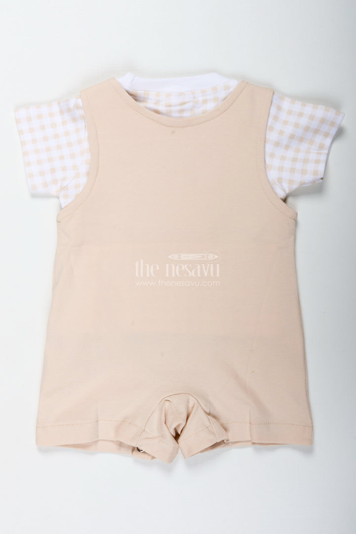 The Nesavu Boys Casual Set Newborn Teddy Bear Costume for Boys in Soft Cotton with Triple Bear Patch and Checkered Sleeves Nesavu Nesavu Newborn Teddy Bear Costume Boys Cotton Triple Bear Patch Check Tee