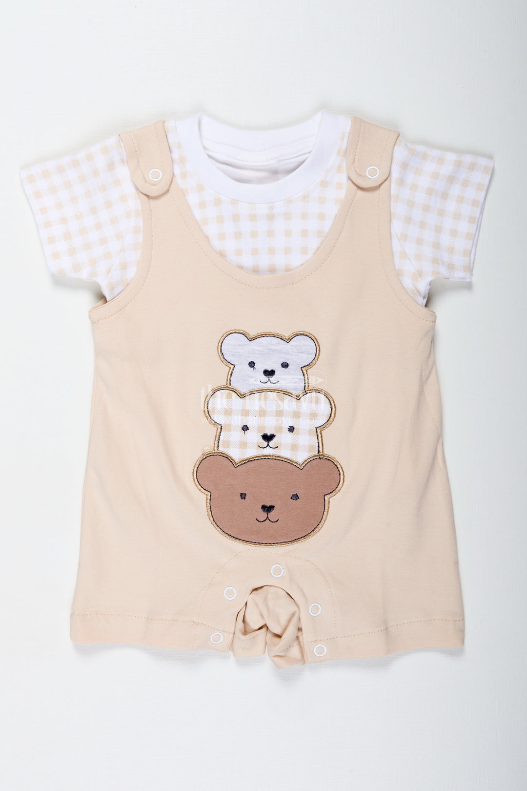 The Nesavu Boys Casual Set Newborn Teddy Bear Costume for Boys in Soft Cotton with Triple Bear Patch and Checkered Sleeves Nesavu Nesavu Newborn Teddy Bear Costume Boys Cotton Triple Bear Patch Check Tee