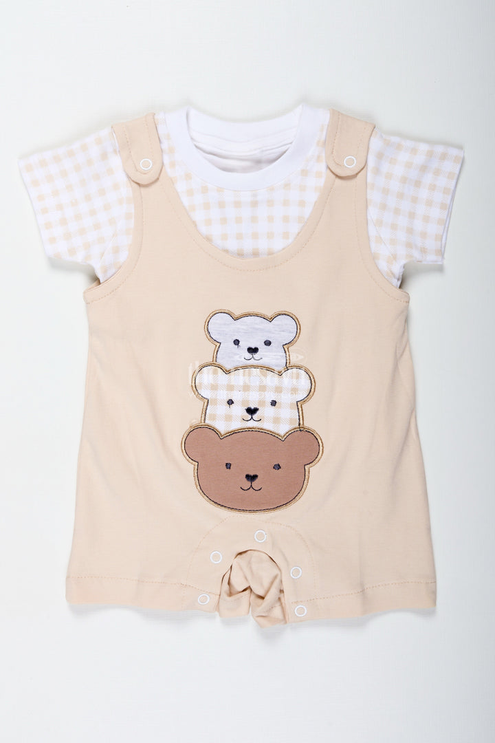 The Nesavu Boys Casual Set Newborn Teddy Bear Costume for Boys in Soft Cotton with Triple Bear Patch and Checkered Sleeves Nesavu Nesavu Newborn Teddy Bear Costume Boys Cotton Triple Bear Patch Check Tee