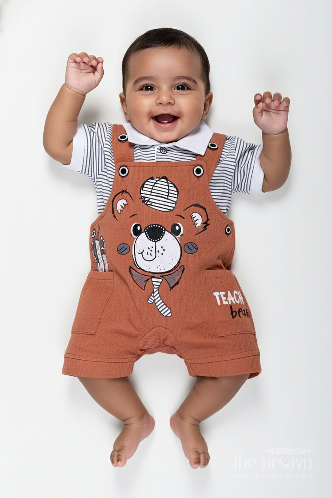 The Nesavu Boys Casual Set Newborn Teddy Bear Out Fit for Boys in Cotton with Animal Digital Print and Short Sleeve Tee Set Nesavu 14 (6M) / Brown BCS291A-14 Nesavu Cotton Newborn Teddy Bear Outfit Boys Animal Print Striped Tee Set