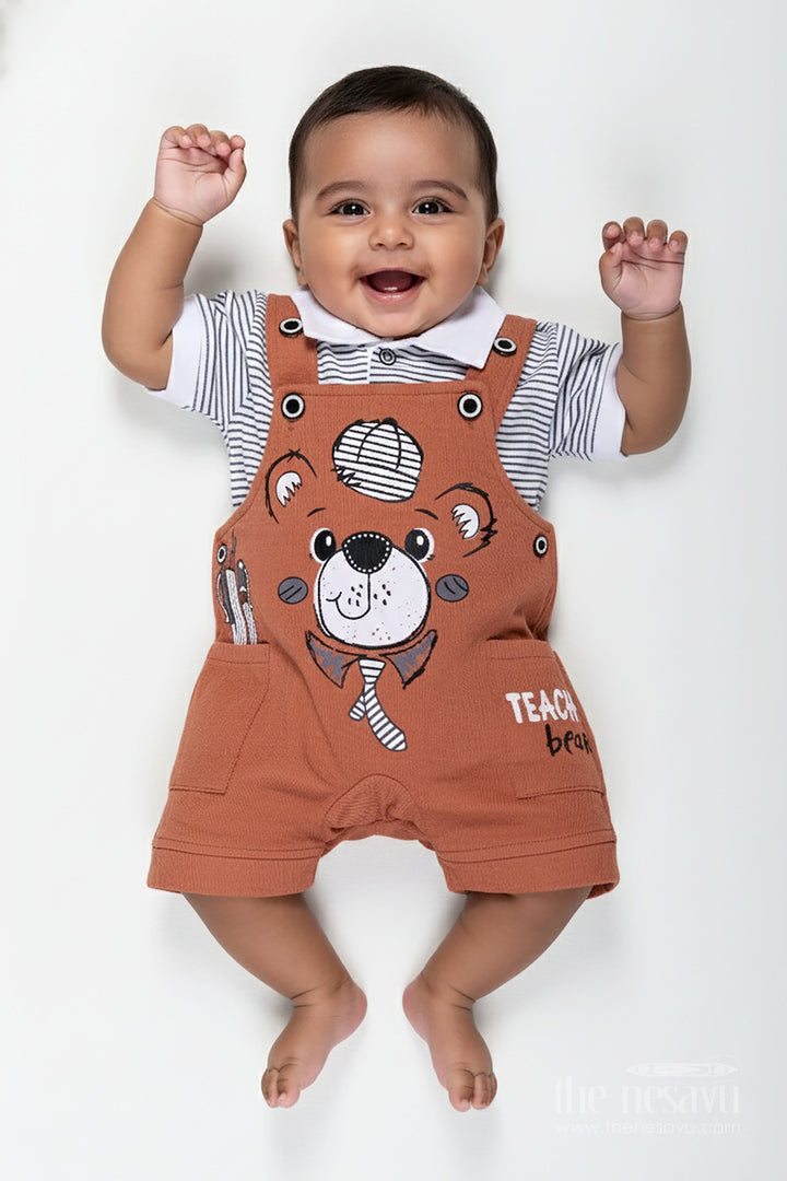 The Nesavu Boys Casual Set Newborn Teddy Bear Out Fit for Boys in Cotton with Animal Digital Print and Short Sleeve Tee Set Nesavu 14 (6M) / Brown BCS291A-14 Nesavu Cotton Newborn Teddy Bear Outfit Boys Animal Print Striped Tee Set