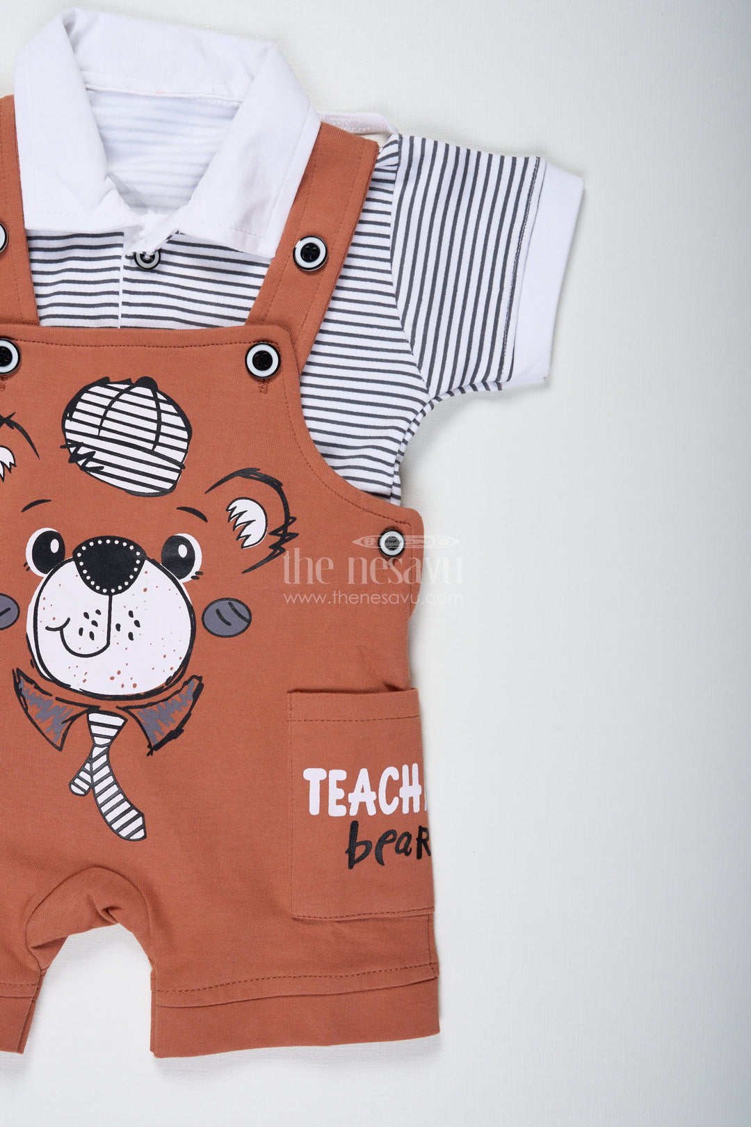 The Nesavu Boys Casual Set Newborn Teddy Bear Out Fit for Boys in Cotton with Animal Digital Print and Short Sleeve Tee Set Nesavu Nesavu Cotton Newborn Teddy Bear Outfit Boys Animal Print Striped Tee Set