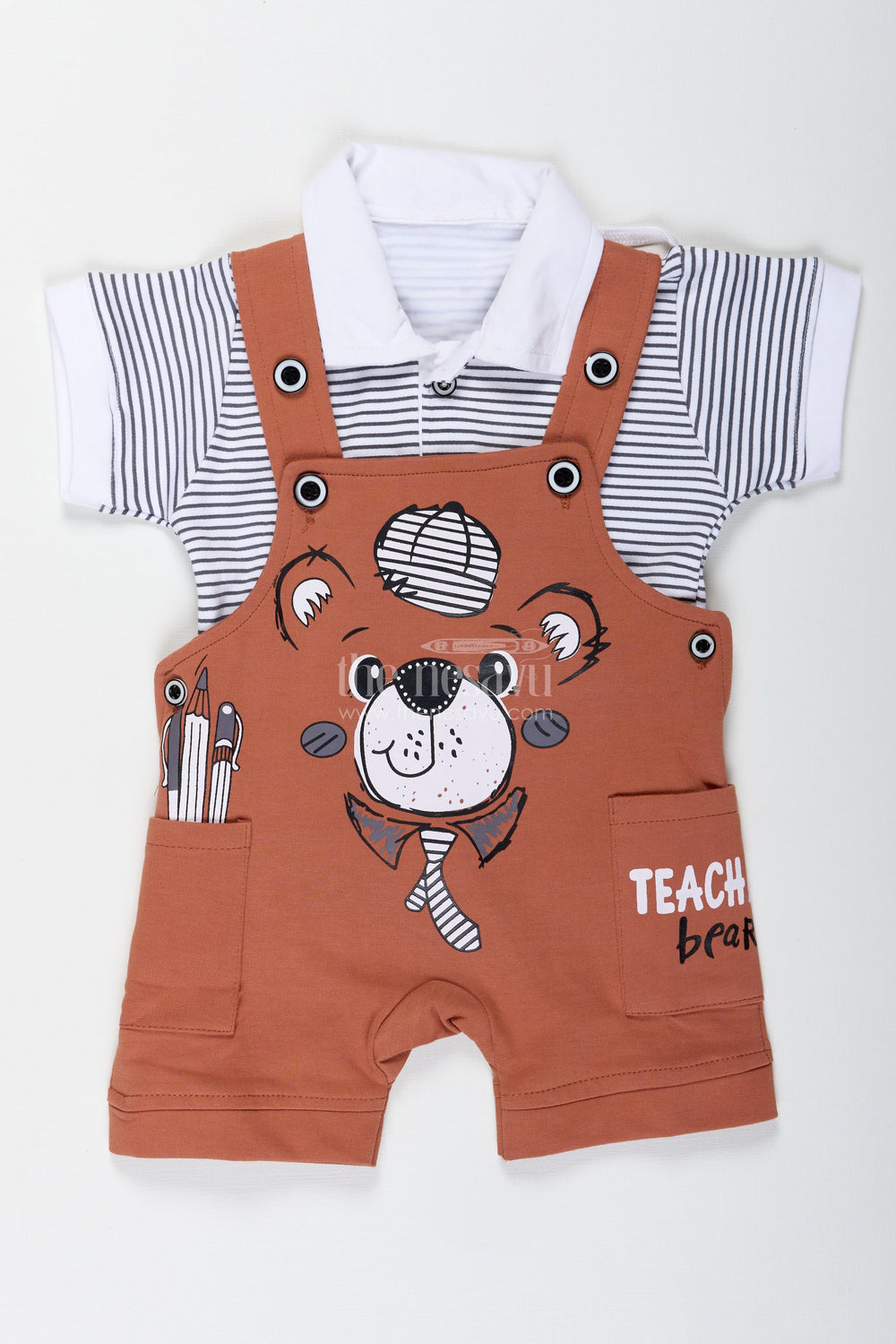 The Nesavu Boys Casual Set Newborn Teddy Bear Out Fit for Boys in Cotton with Animal Digital Print and Short Sleeve Tee Set Nesavu Nesavu Cotton Newborn Teddy Bear Outfit Boys Animal Print Striped Tee Set