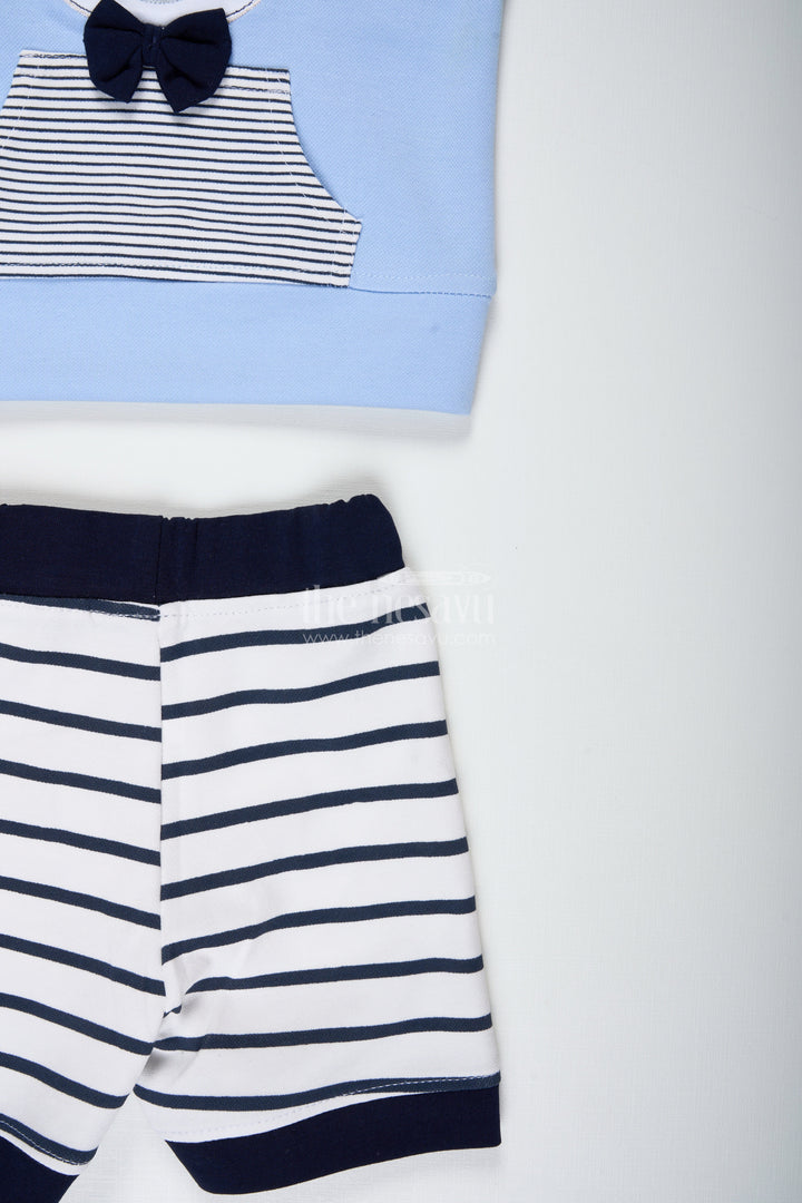 The Nesavu Boys Casual Set Newborn Teddy Bear Set for Boys in Cotton with Blue Printed Tee and Matching Striped Shorts Nesavu Nesavu Cotton Newborn Teddy Bear Set Boys Printed Blue Tee Striped Shorts