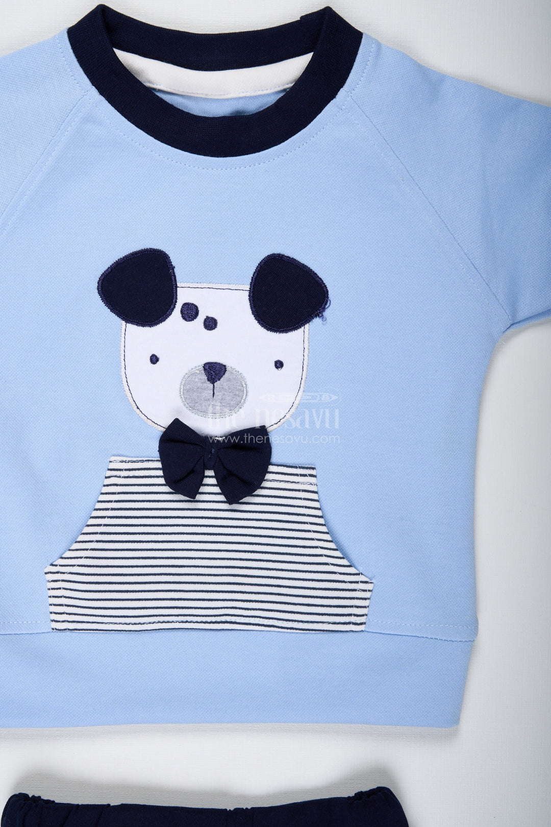 The Nesavu Boys Casual Set Newborn Teddy Bear Set for Boys in Cotton with Blue Printed Tee and Matching Striped Shorts Nesavu Nesavu Cotton Newborn Teddy Bear Set Boys Printed Blue Tee Striped Shorts