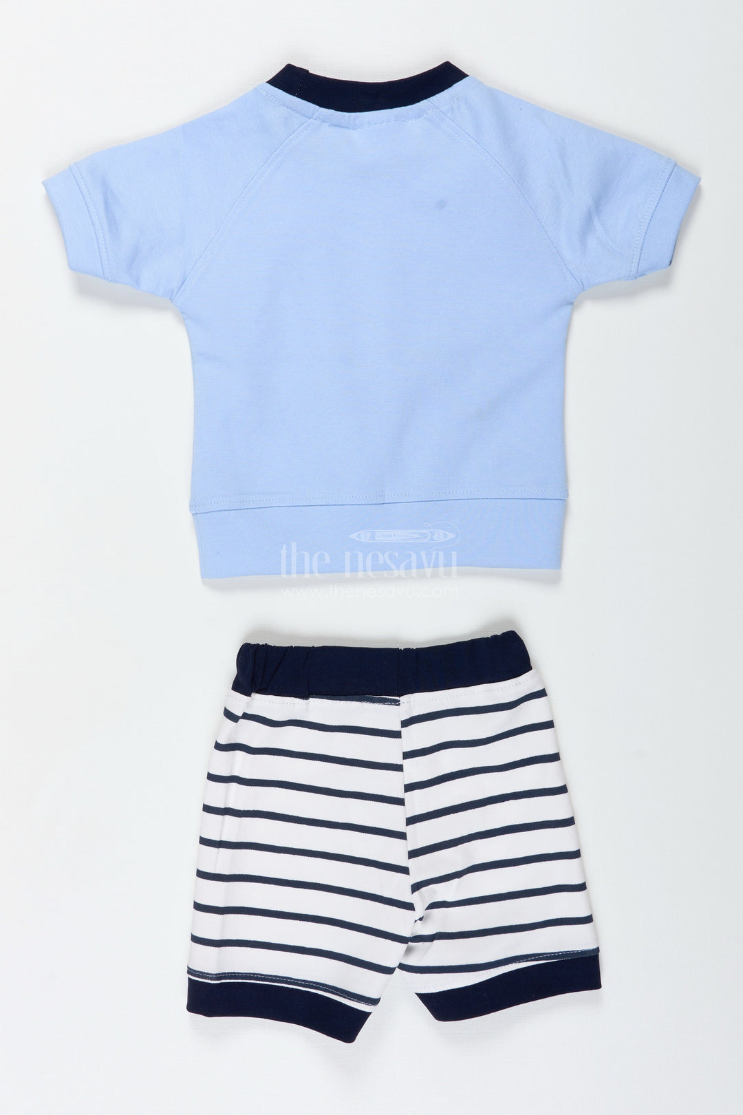 The Nesavu Boys Casual Set Newborn Teddy Bear Set for Boys in Cotton with Blue Printed Tee and Matching Striped Shorts Nesavu Nesavu Cotton Newborn Teddy Bear Set Boys Printed Blue Tee Striped Shorts