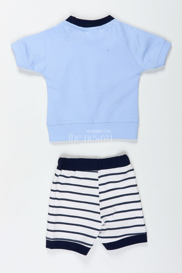 The Nesavu Boys Casual Set Newborn Teddy Bear Set for Boys in Cotton with Blue Printed Tee and Matching Striped Shorts Nesavu Nesavu Cotton Newborn Teddy Bear Set Boys Printed Blue Tee Striped Shorts