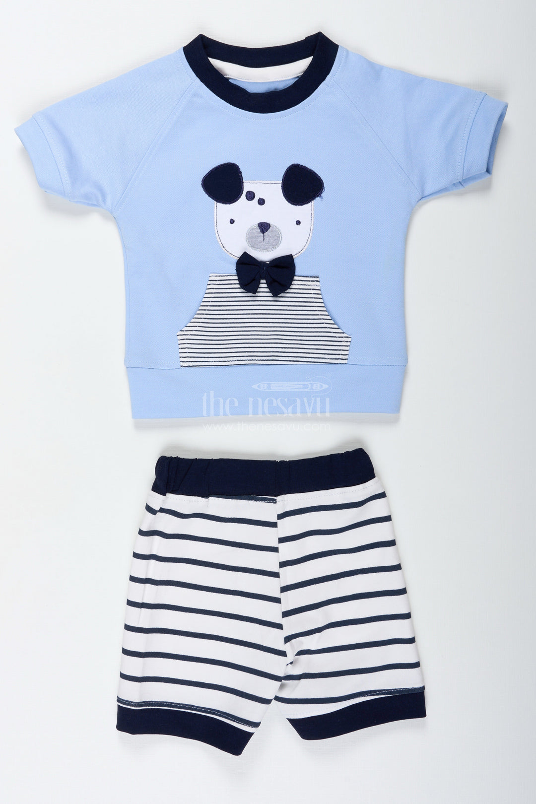 The Nesavu Boys Casual Set Newborn Teddy Bear Set for Boys in Cotton with Blue Printed Tee and Matching Striped Shorts Nesavu Nesavu Cotton Newborn Teddy Bear Set Boys Printed Blue Tee Striped Shorts