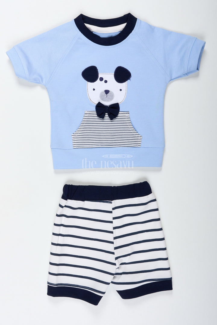 The Nesavu Boys Casual Set Newborn Teddy Bear Set for Boys in Cotton with Blue Printed Tee and Matching Striped Shorts Nesavu Nesavu Cotton Newborn Teddy Bear Set Boys Printed Blue Tee Striped Shorts