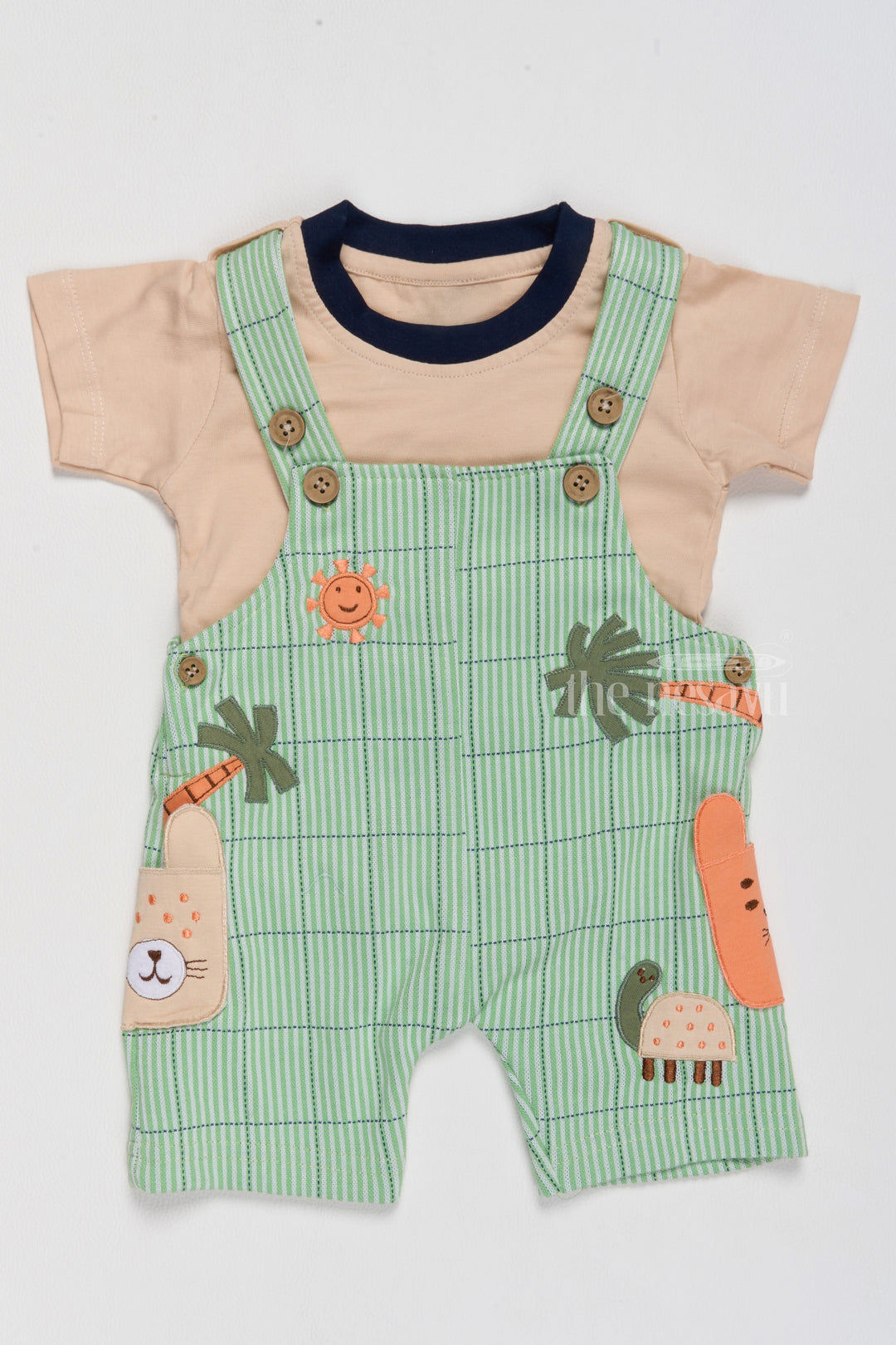 The Nesavu Baby Casual Sets Newborn Warm Outfits Green Jungle Theme Dungaree with Beige T-Shirt Nesavu 14 (6M) / Green BCS191A-14 Newborn Warm Outfits Green Jungle Theme Dungaree Beige T-Shirt | The Nesavu