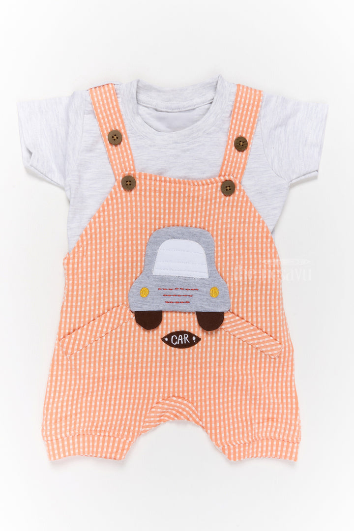 The Nesavu Baby Casual Sets Newborn Wear Orange Striped Cotton Romper with Car Applique and White T-Shirt Nesavu 14 (6M) / Orange BCS177A-14 Newborn Wear Orange Striped Cotton Romper Car Applique | The Nesavu