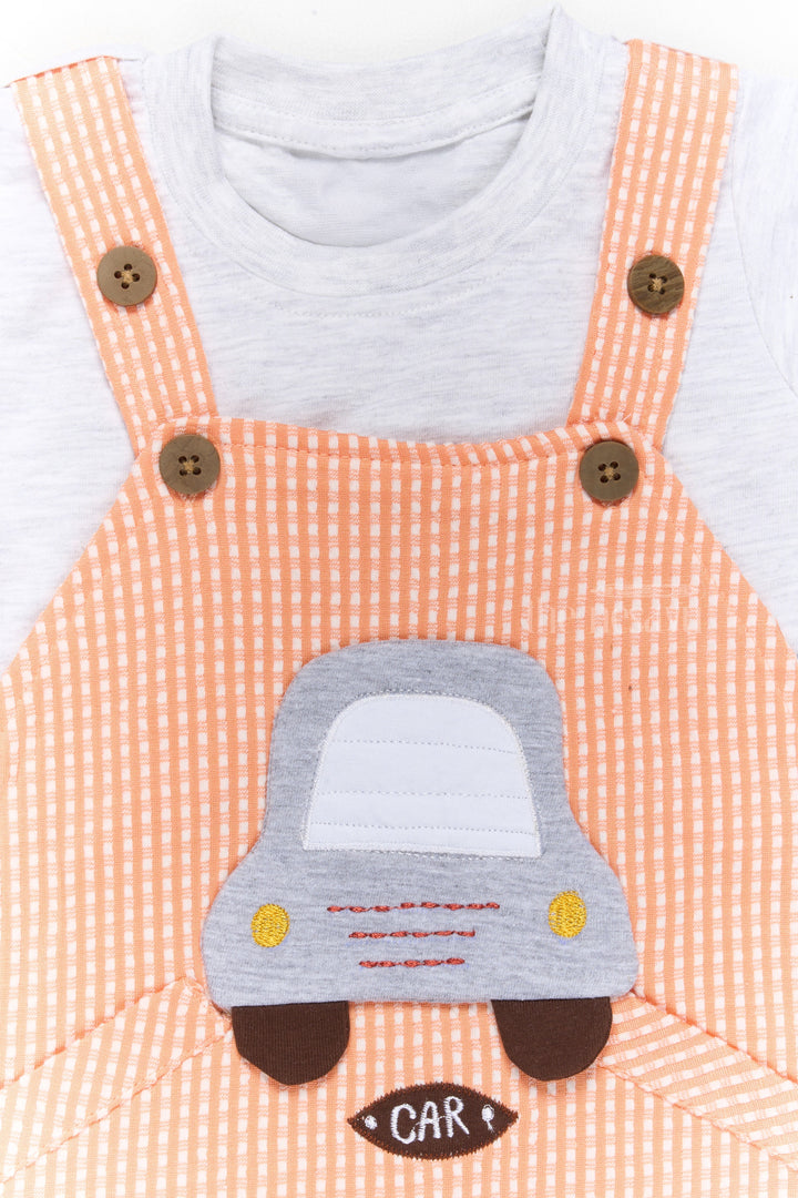 The Nesavu Baby Casual Sets Newborn Wear Orange Striped Cotton Romper with Car Applique and White T-Shirt Nesavu Newborn Wear Orange Striped Cotton Romper Car Applique | The Nesavu