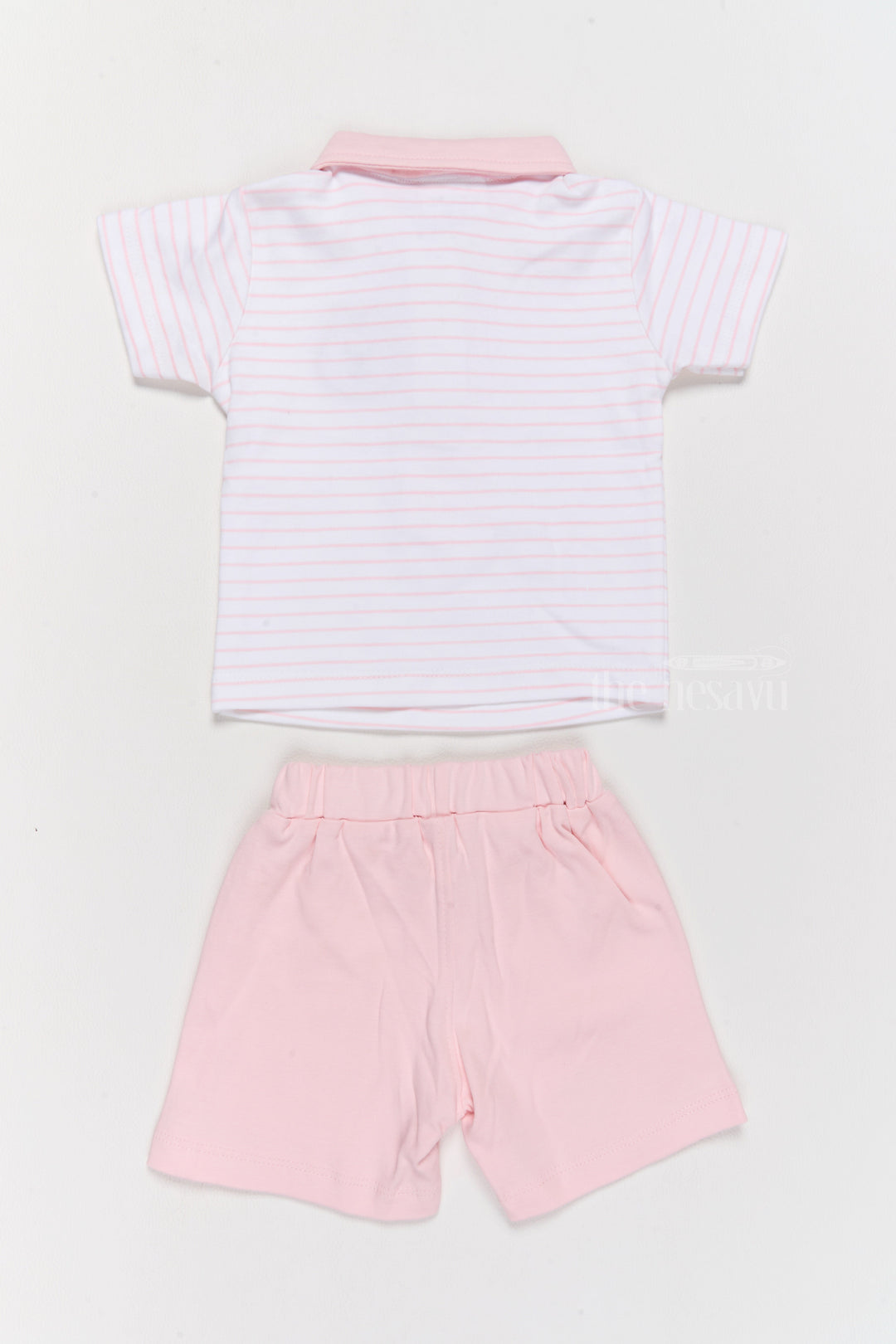 The Nesavu Baby Casual Sets Newborn Wear Pink Cotton Shorts Set with Striped T-Shirt, Tie, and Bear Applique Nesavu Newborn Wear Pink Cotton Shorts Set Bear Applique Tie | The Nesavu