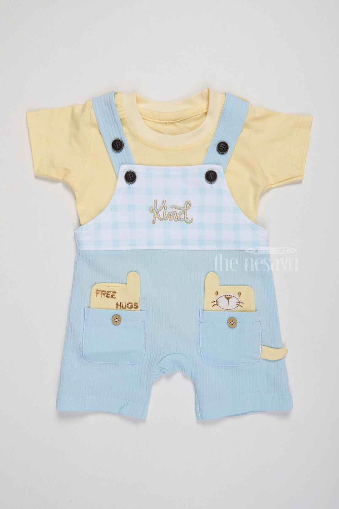 The Nesavu Baby Casual Sets Newborn Western Wear Blue Gingham Dungaree with Yellow T-Shirt Nesavu 14 (6M) / Blue BCS192A-14 Newborn Western Wear Blue Gingham Dungaree Yellow T-Shirt | The Nesavu