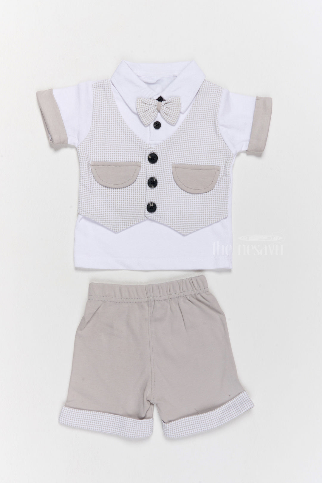 The Nesavu Baby Casual Sets Newborn Winter Wear Cotton Two-Piece Grey Outfit with Bowtie and Shorts Nesavu 10 (NB) / Gray BCS183B-10 Newborn Winter Wear Cotton Two-Piece Outfit Grey Vest Bowtie | The Nesavu