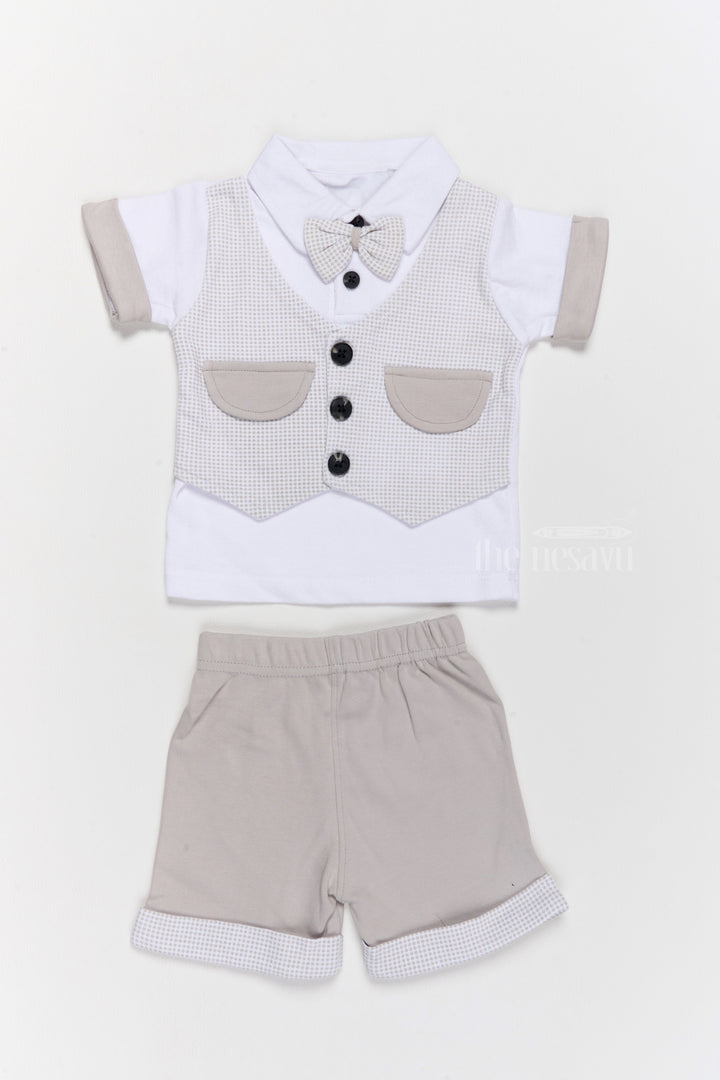 The Nesavu Baby Casual Sets Newborn Winter Wear Cotton Two-Piece Grey Outfit with Bowtie and Shorts Nesavu 10 (NB) / Gray BCS183B-10 Newborn Winter Wear Cotton Two-Piece Outfit Grey Vest Bowtie | The Nesavu