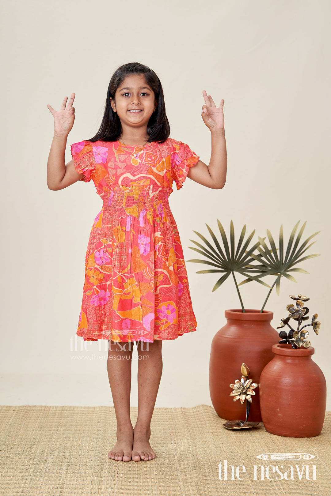 The Nesavu Girls Cotton Frock Occasion Wear Floral Dress for Baby Girls Nesavu 20 (3Y) / Red GFC1861A-20 Nesavu Bright Occasion Cotton Frock Baby Girls Red Orange Abstract Floral Designs