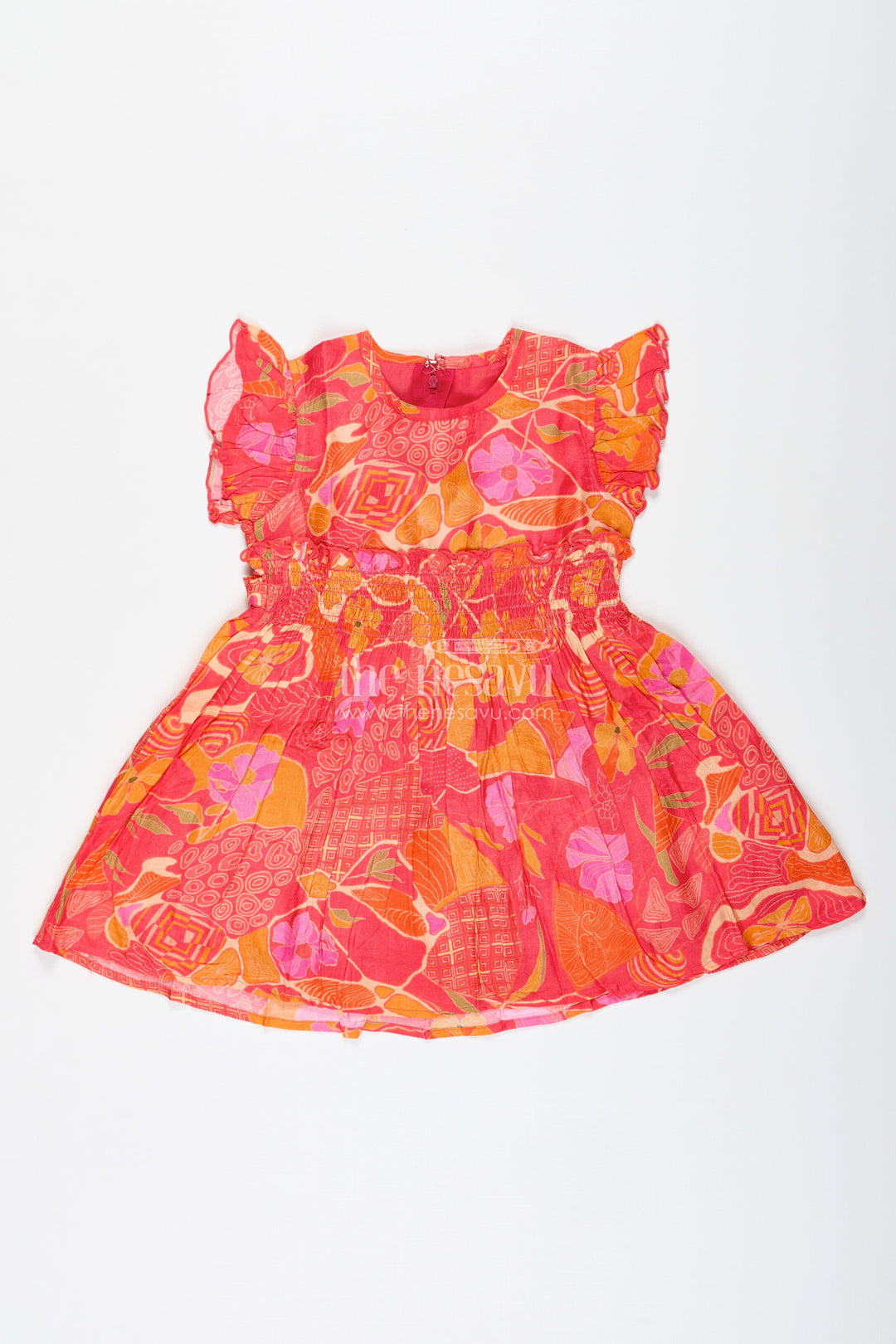The Nesavu Girls Cotton Frock Occasion Wear Floral Dress for Baby Girls Nesavu Nesavu Bright Occasion Cotton Frock Baby Girls Red Orange Abstract Floral Designs