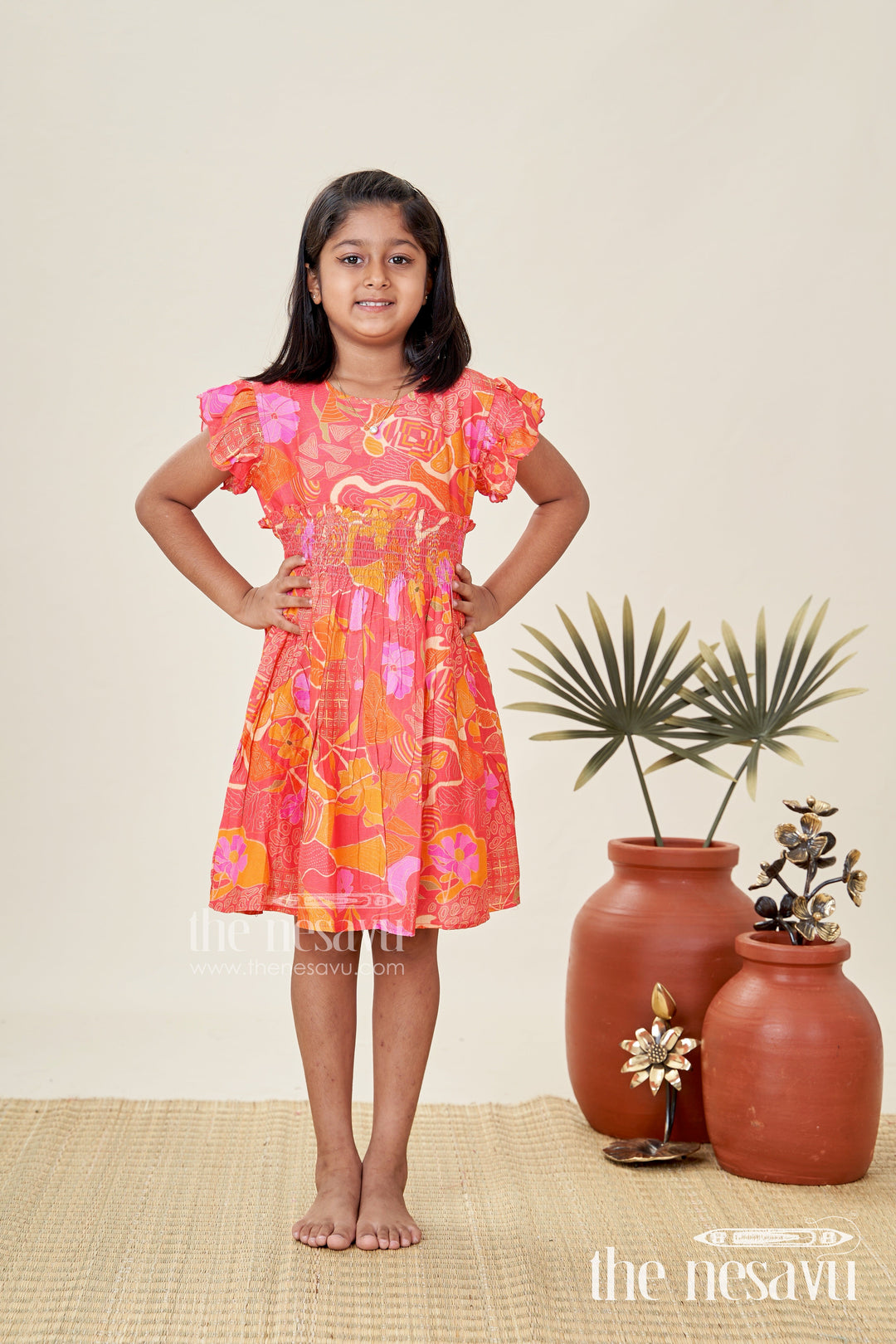 The Nesavu Girls Cotton Frock Occasion Wear Floral Dress for Baby Girls Nesavu Nesavu Bright Occasion Cotton Frock Baby Girls Red Orange Abstract Floral Designs