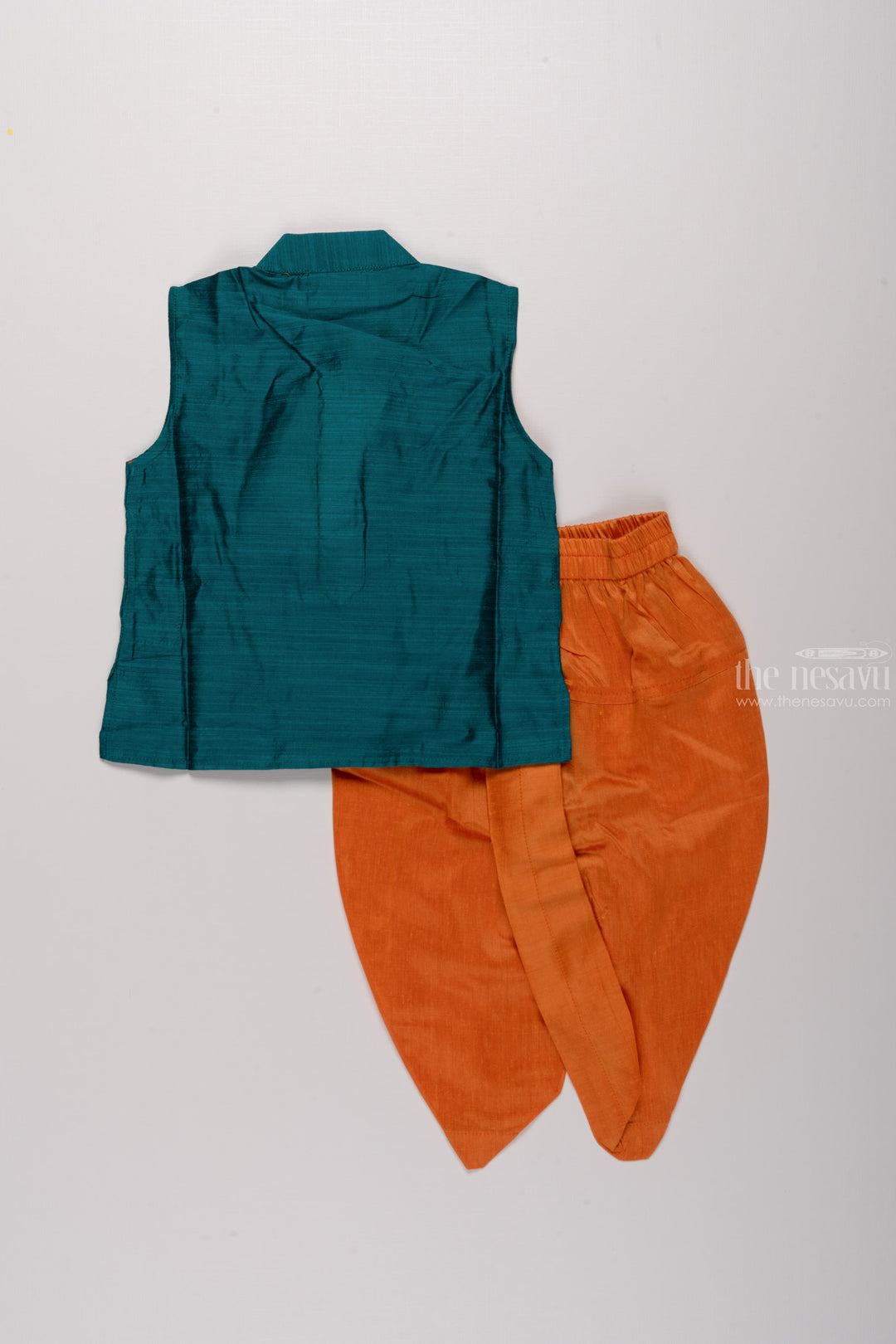 The Nesavu Boys Dothi Set Ocean Harmony: Boys' Teal Blue Kurta with Orange Dhoti Set & Embellished Detailing Nesavu Tradition Meets Trend | New Festive Collections of Boys Kurta Panchagajam Set | The Nesavu