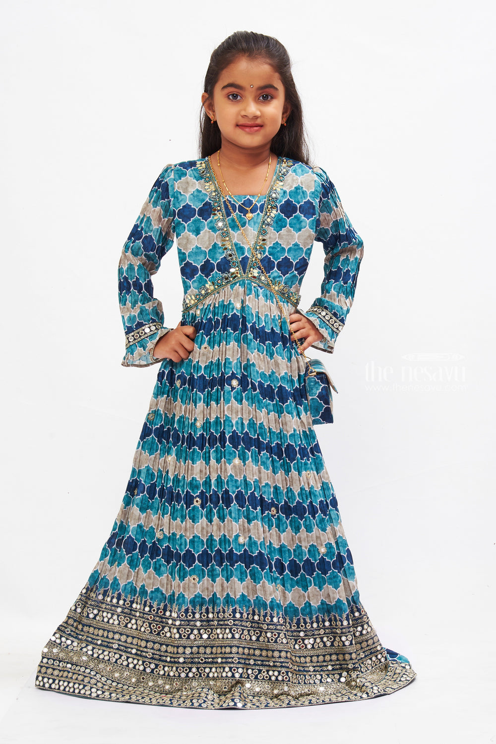 The Nesavu Girls Party Gown Oceanic Mosaic Aliacut Anarkali Gown: A Mesmerizing Cascade of Blue for Girls Nesavu 24 (5Y) / Blue GA199A-24 Girls Oceanic Blue Anarkali Gown | Silver Adorned Festive Dress | The Nesavu