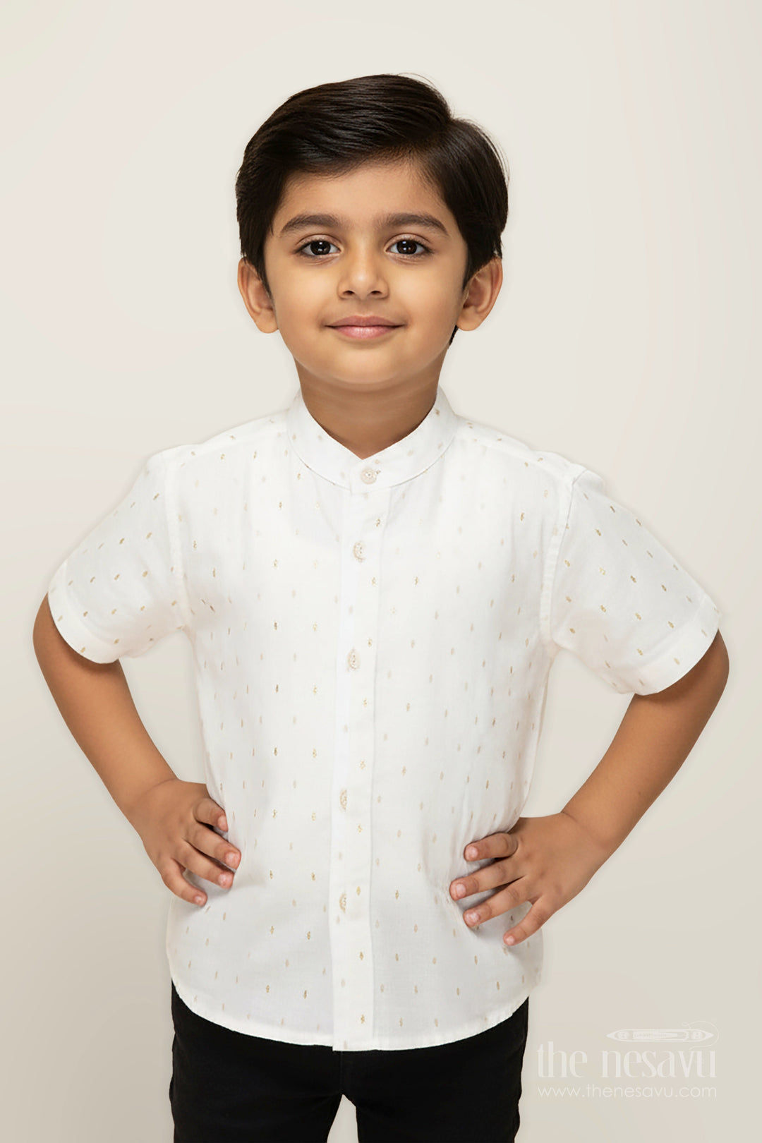 The Nesavu Boys Cotton Shirt Off White Printed Cotton Shirt for Boys with Gold Butta Design for Subtle Festive and Everyday Wear Nesavu 16 (1Y) / White BS269A-16 Nesavu Off White Cotton Shirt Boys Subtle Gold Butta Design Festive Casual Style