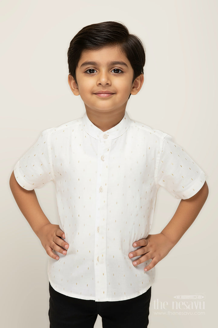 The Nesavu Boys Cotton Shirt Off White Printed Cotton Shirt for Boys with Gold Butta Design for Subtle Festive and Everyday Wear Nesavu 16 (1Y) / White BS269A-16 Nesavu Off White Cotton Shirt Boys Subtle Gold Butta Design Festive Casual Style
