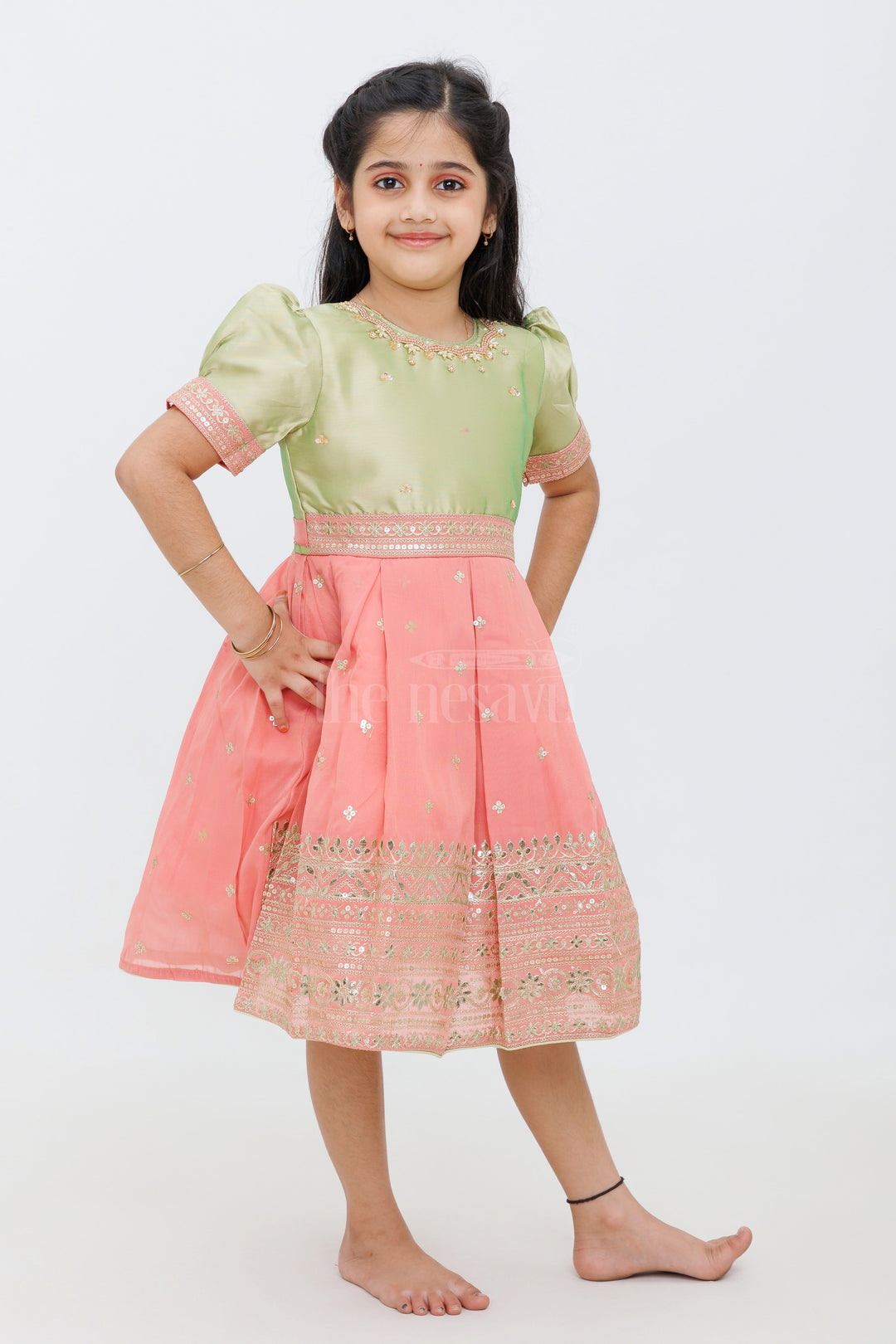 The Nesavu Silk Party Frock Olive Green and Pink Pattu Frock for Girls with Embroidered Zari Borders Nesavu Olive Green Pink Girls Pattu Frock Zari Borders Festive Celebrations