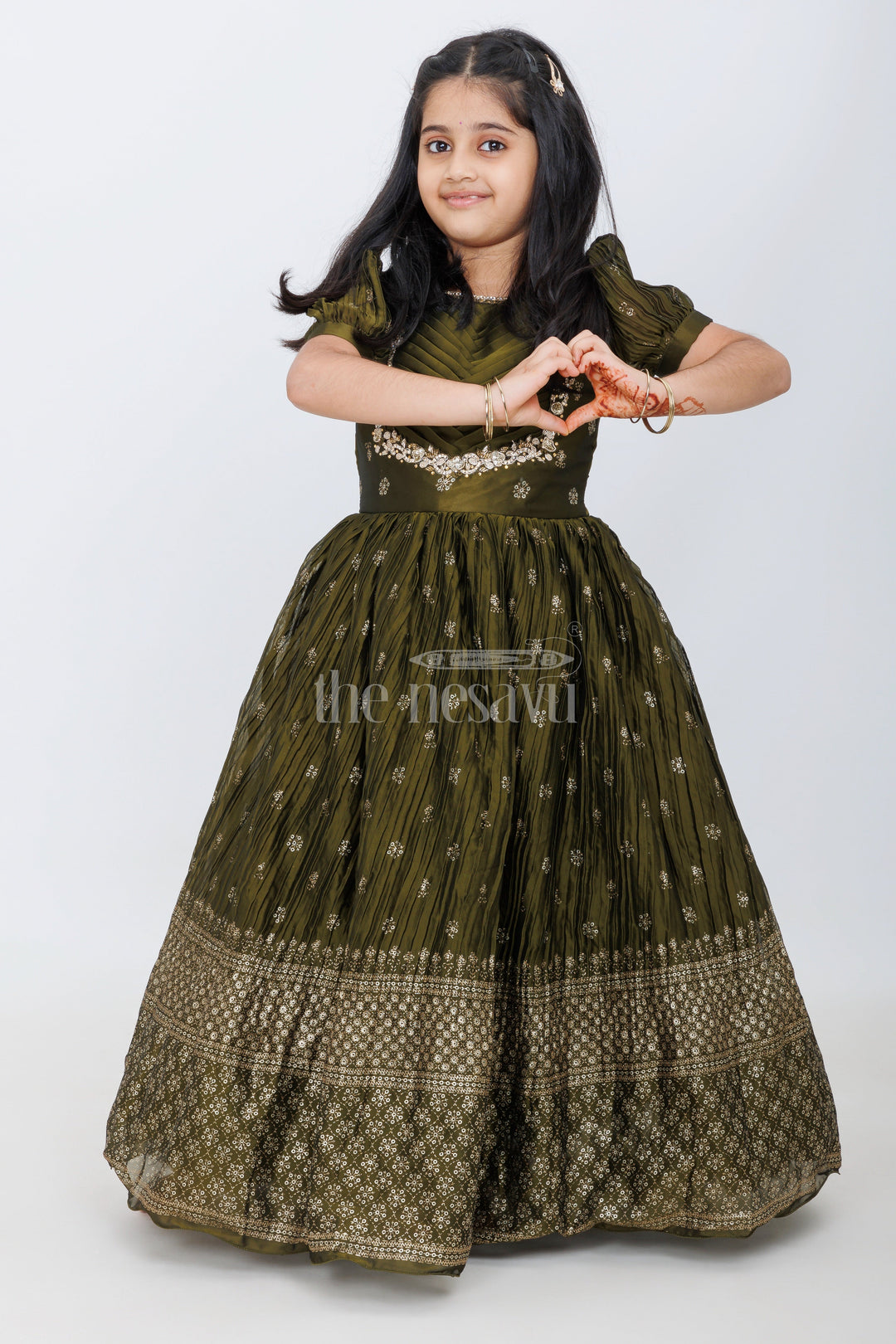 The Nesavu Girls Silk Gown Olive Green Girls Silk Gown with Foil Print and Puff Sleeves for Heavy Party Wear Nesavu 24 (5Y) / Green GA275C-24 Nesavu Olive Green Girls Party Gown Gold Embroidery Puff Sleeves Grand Occasions