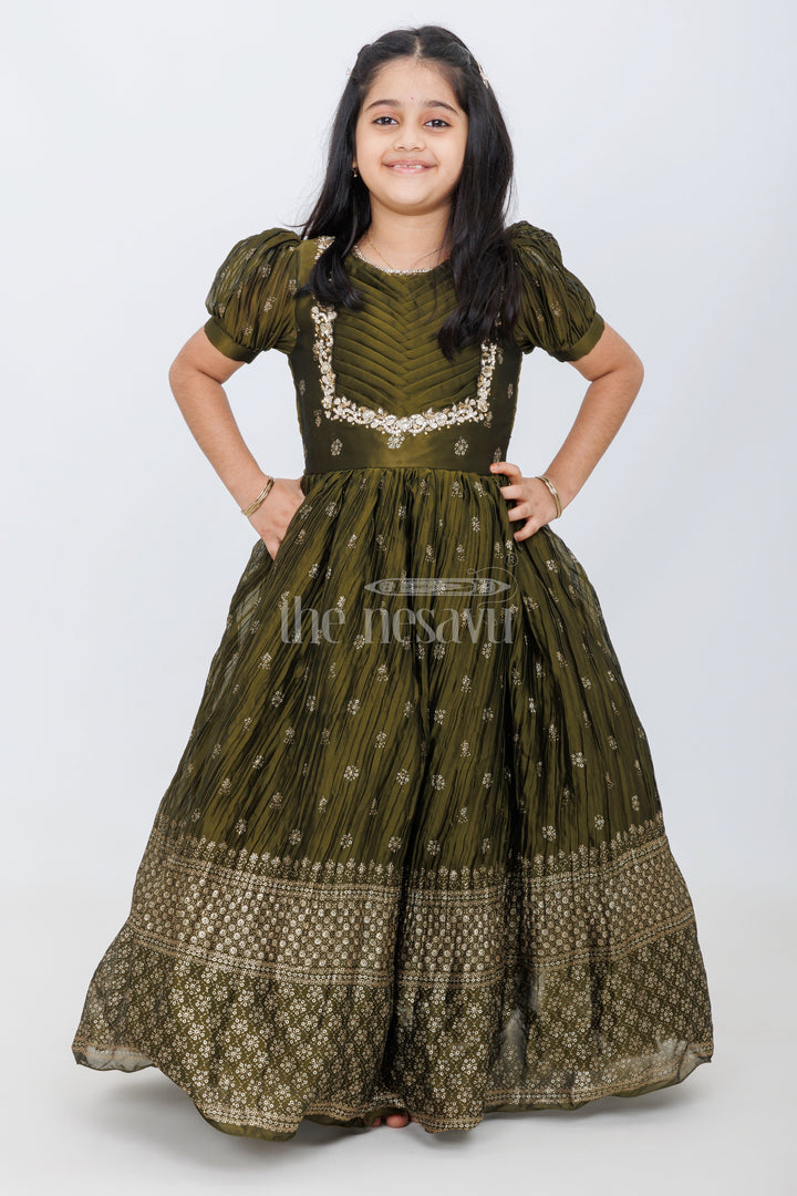 The Nesavu Girls Silk Gown Olive Green Girls Silk Gown with Foil Print and Puff Sleeves for Heavy Party Wear Nesavu Nesavu Olive Green Girls Party Gown Gold Embroidery Puff Sleeves Grand Occasions