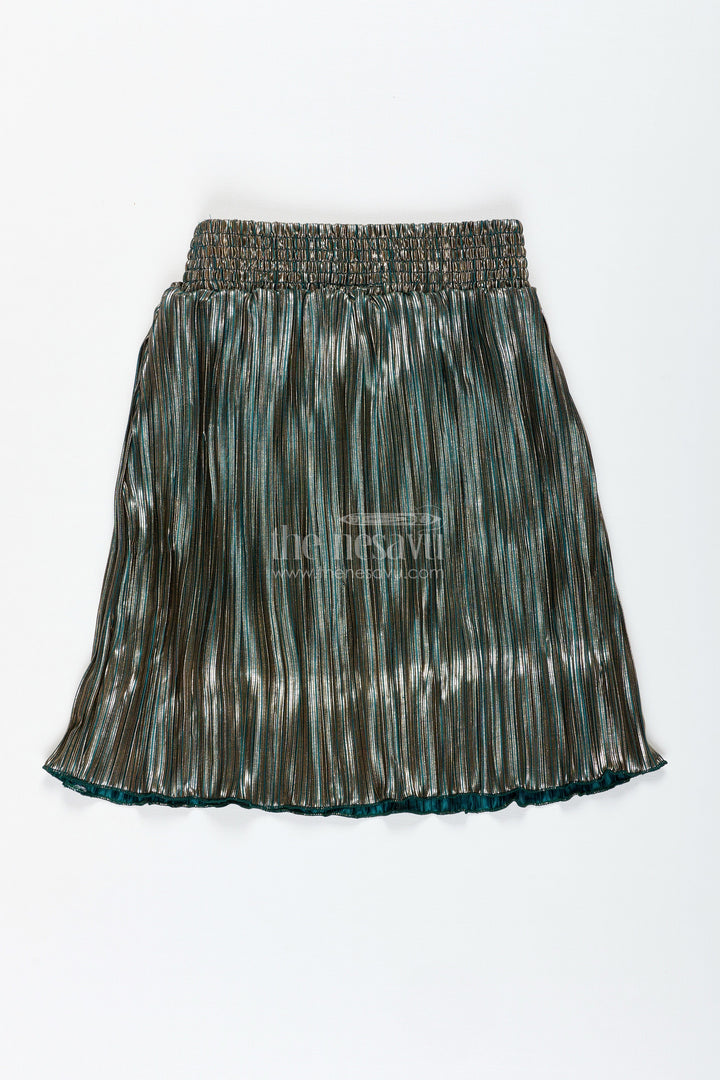 The Nesavu Girls Skirt Olive Green Shimmer Pleated Skirt for Girls Festive Occasions Nesavu Nesavu Olive Green Shimmer Lycra Pleated Skirt Girls Birthday Dance Wear