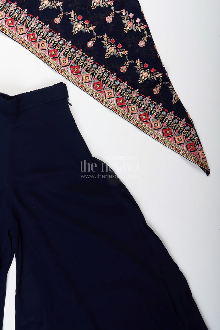 The Nesavu Girls Sharara / Plazo Set One-shoulder ethnic plazo set with floral embroidery – stylish pick for festive occasions Nesavu One-shoulder embroidered plazo set girls  festive outfit Nesavu