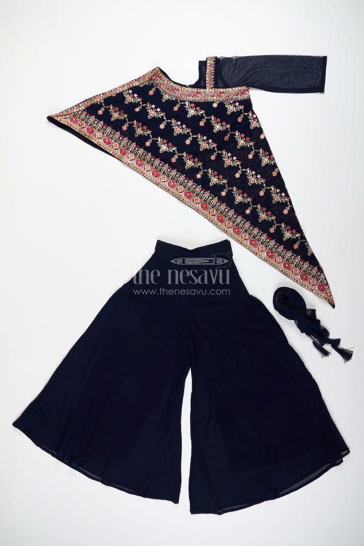 The Nesavu Girls Sharara / Plazo Set One-shoulder ethnic plazo set with floral embroidery – stylish pick for festive occasions Nesavu One-shoulder embroidered plazo set girls  festive outfit Nesavu
