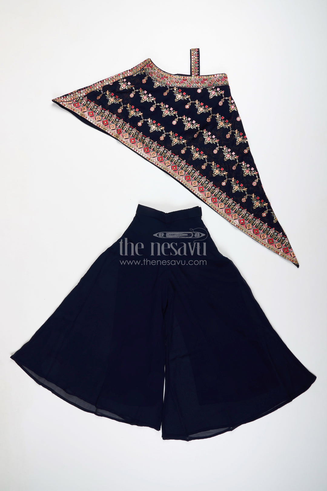 The Nesavu Girls Sharara / Plazo Set One-shoulder ethnic plazo set with floral embroidery – stylish pick for festive occasions Nesavu One-shoulder embroidered plazo set girls  festive outfit Nesavu
