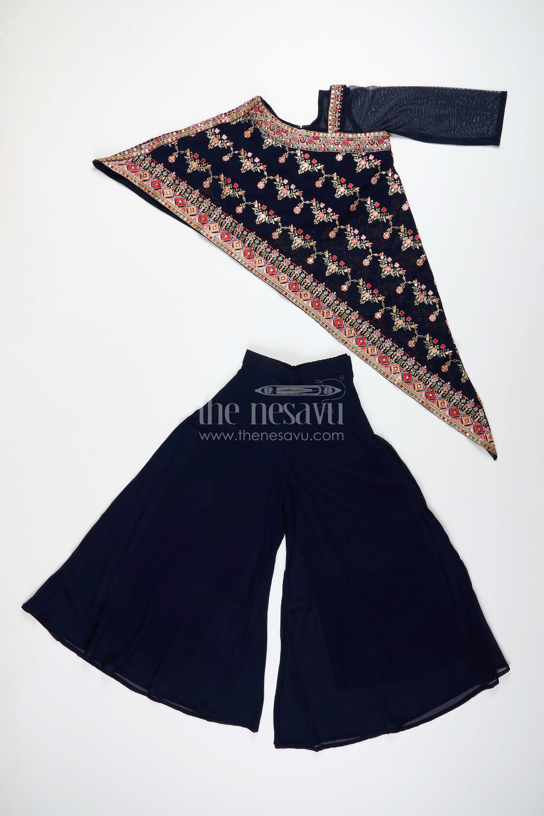 The Nesavu Girls Sharara / Plazo Set One-shoulder ethnic plazo set with floral embroidery – stylish pick for festive occasions Nesavu One-shoulder embroidered plazo set girls  festive outfit Nesavu