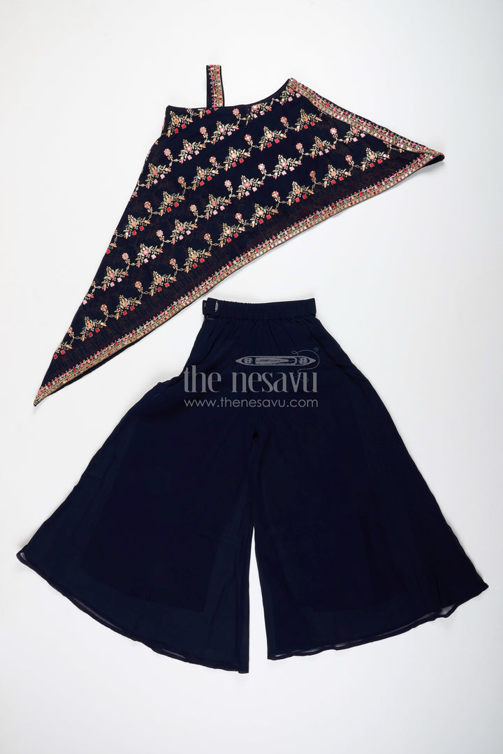 The Nesavu Girls Sharara / Plazo Set One-shoulder ethnic plazo set with floral embroidery – stylish pick for festive occasions Nesavu One-shoulder embroidered plazo set girls  festive outfit Nesavu