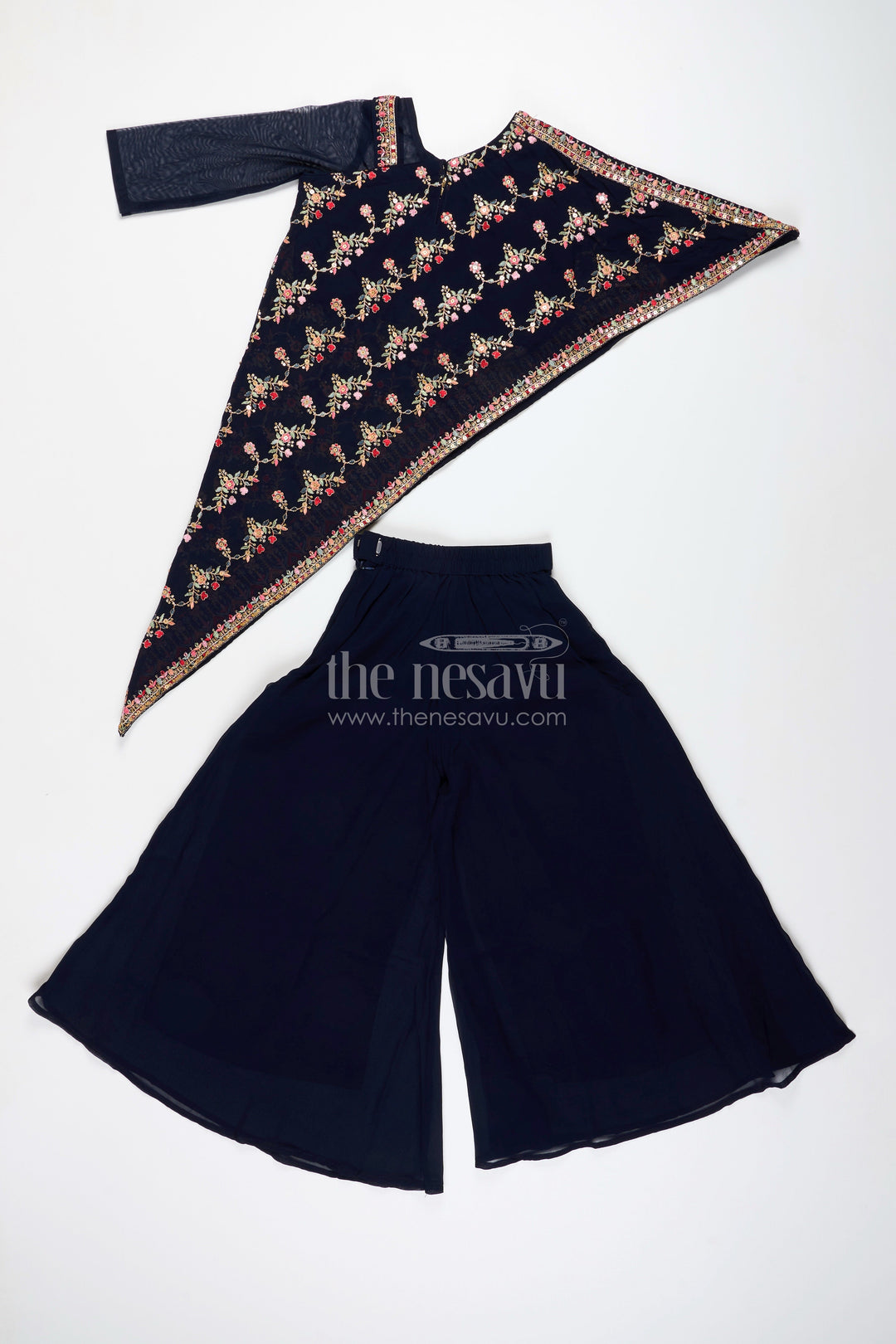 The Nesavu Girls Sharara / Plazo Set One-shoulder ethnic plazo set with floral embroidery – stylish pick for festive occasions Nesavu One-shoulder embroidered plazo set girls  festive outfit Nesavu