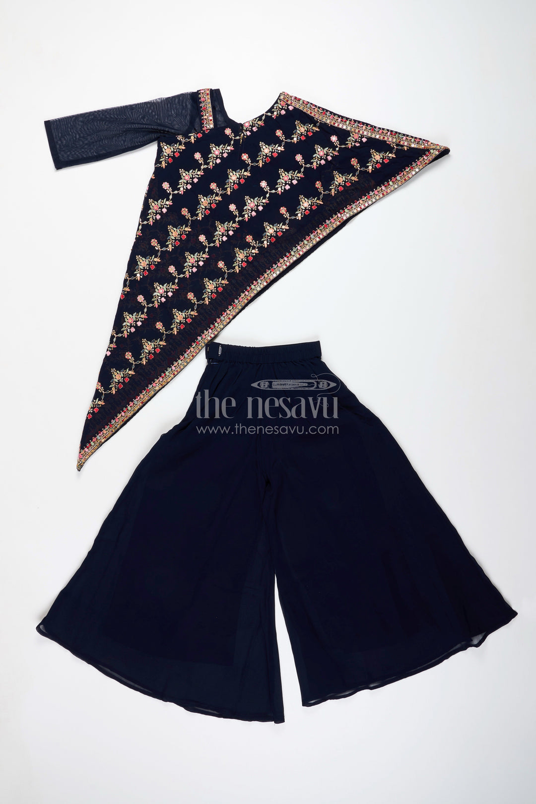The Nesavu Girls Sharara / Plazo Set One-shoulder ethnic plazo set with floral embroidery – stylish pick for festive occasions Nesavu One-shoulder embroidered plazo set girls  festive outfit Nesavu