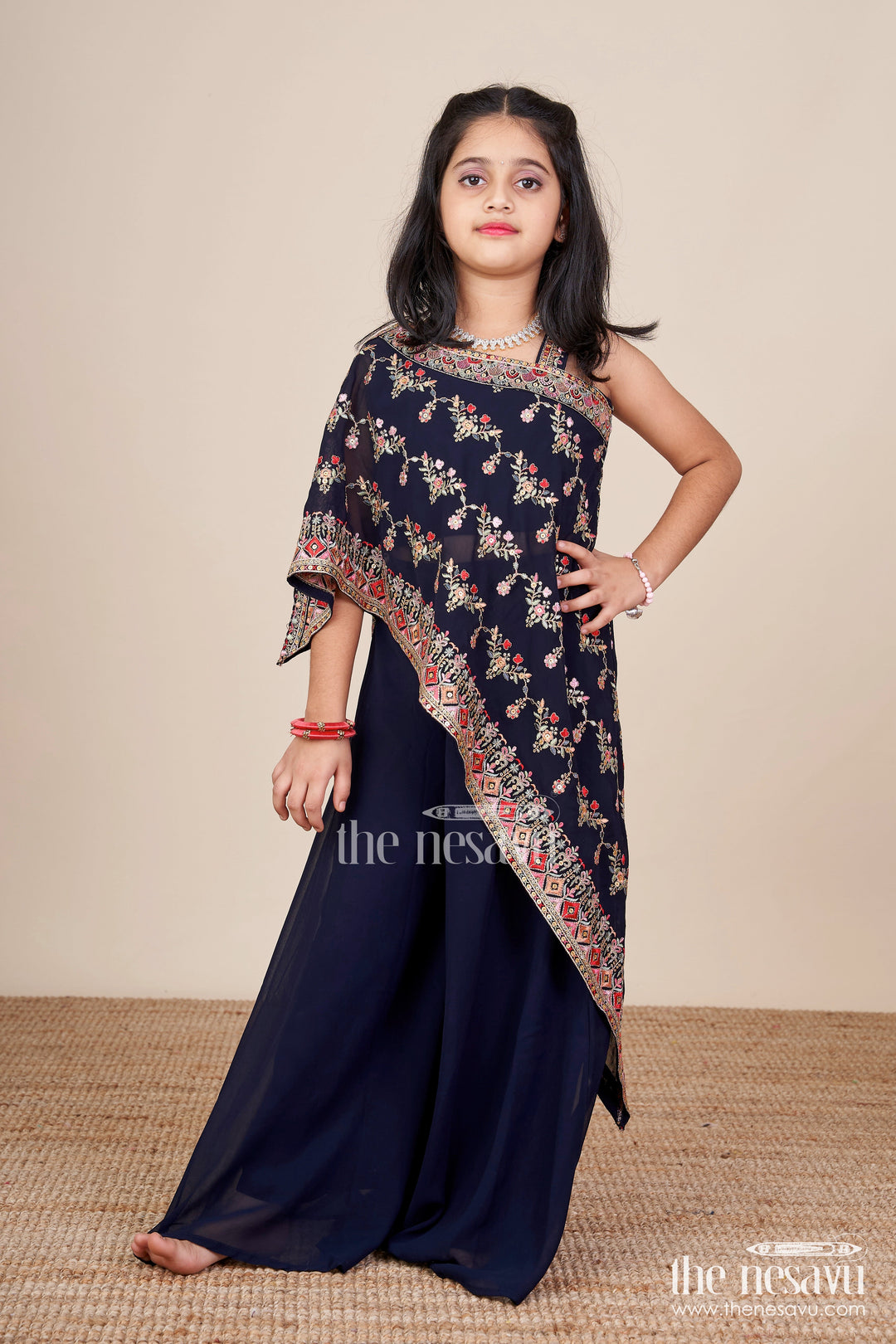The Nesavu Girls Sharara / Plazo Set One-Shoulder Ethnic Plazo Set with Floral Embroidery Stylish Pick for Festive Occasions Nesavu One-shoulder embroidered plazo set girls  festive outfit Nesavu