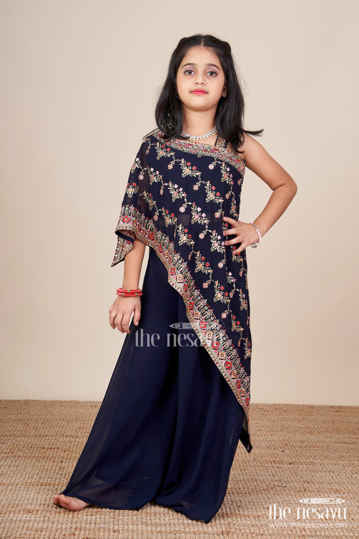 The Nesavu Girls Sharara / Plazo Set One-Shoulder Ethnic Plazo Set with Floral Embroidery Stylish Pick for Festive Occasions Nesavu One-shoulder embroidered plazo set girls  festive outfit Nesavu