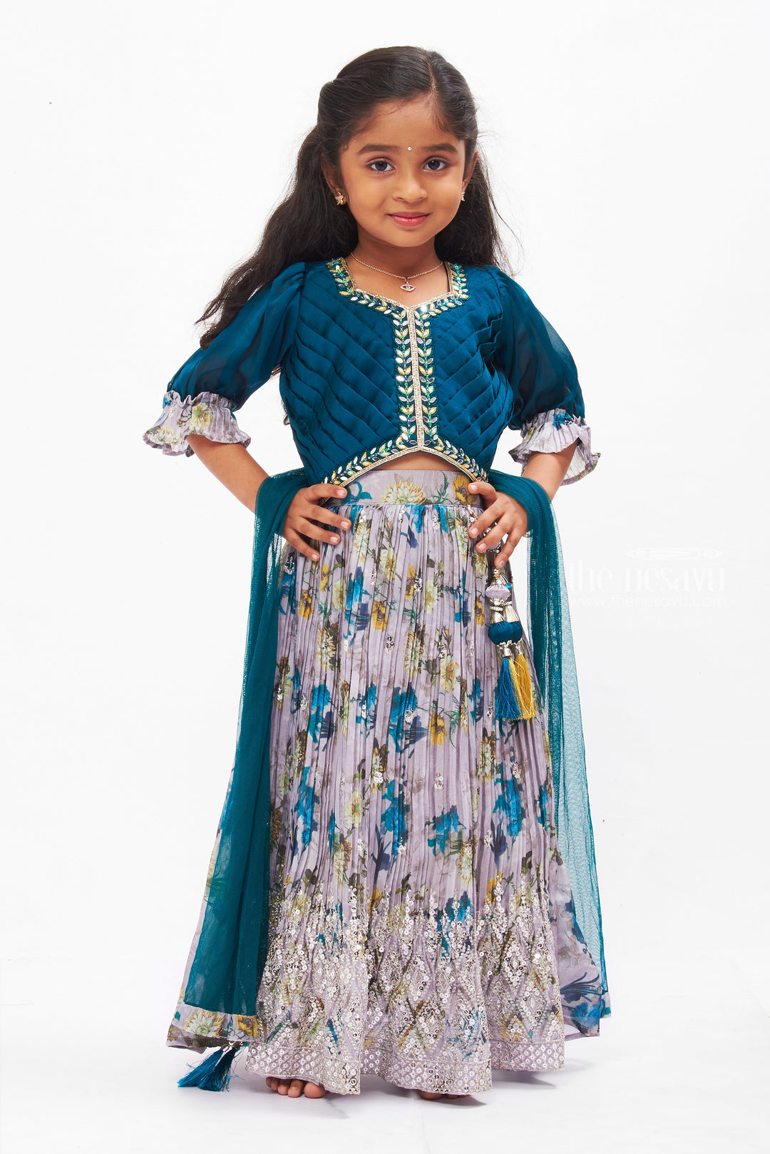 The Nesavu Girls Lehenga Choli Opulent Teal and Silver Embellished Lehenga Set - Girls Traditional Wear Nesavu 16 (1Y) / Gray GL413A-16 Teal Embellished Lehenga Set for Girls | Traditional Festive Clothing | The Nesavu