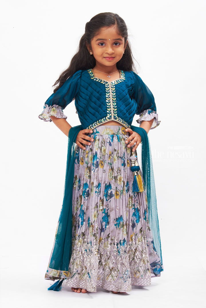 The Nesavu Girls Lehenga Choli Opulent Teal and Silver Embellished Lehenga Set - Girls Traditional Wear Nesavu 16 (1Y) / Gray GL413A-16 Teal Embellished Lehenga Set for Girls | Traditional Festive Clothing | The Nesavu