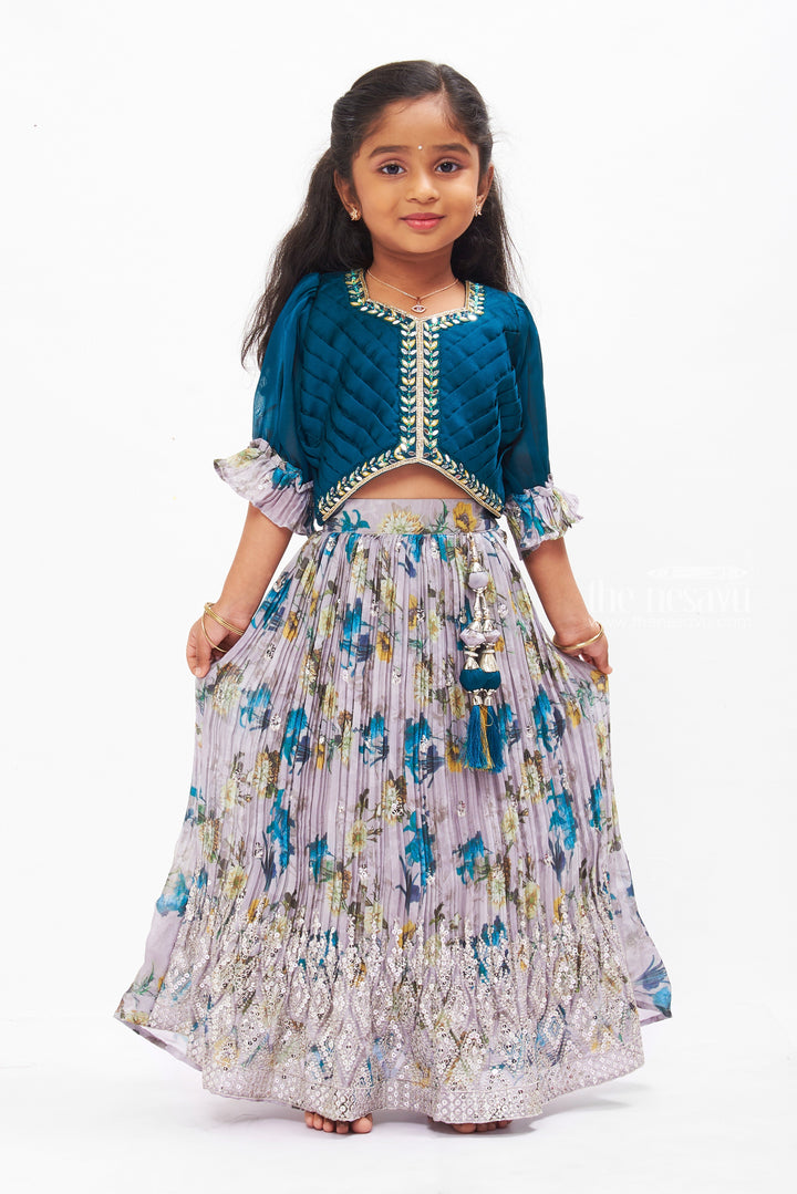 The Nesavu Girls Lehenga Choli Opulent Teal and Silver Embellished Lehenga Set - Girls Traditional Wear Nesavu Teal Embellished Lehenga Set for Girls | Traditional Festive Clothing | The Nesavu