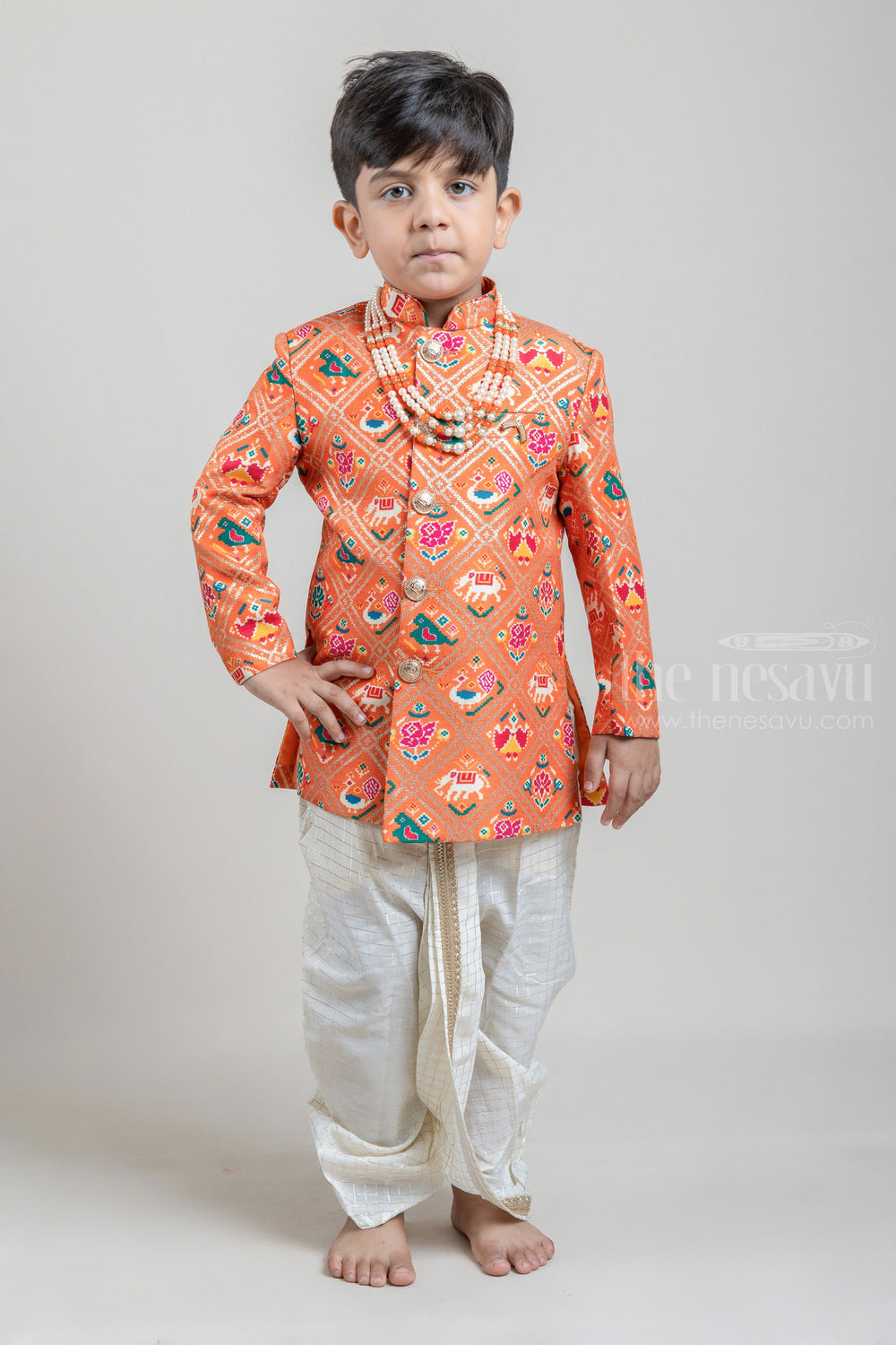 The Nesavu Boys Sherwani Orange All Over Animal Printed Boys Ethnic Kurta with White Dhoti and Beige Pant Nesavu Shop Orange All Over Animal Printed Boys Ethnic Kurta with White Dhoti and Beige Pant | Festive and Party Wear | The Nesavu