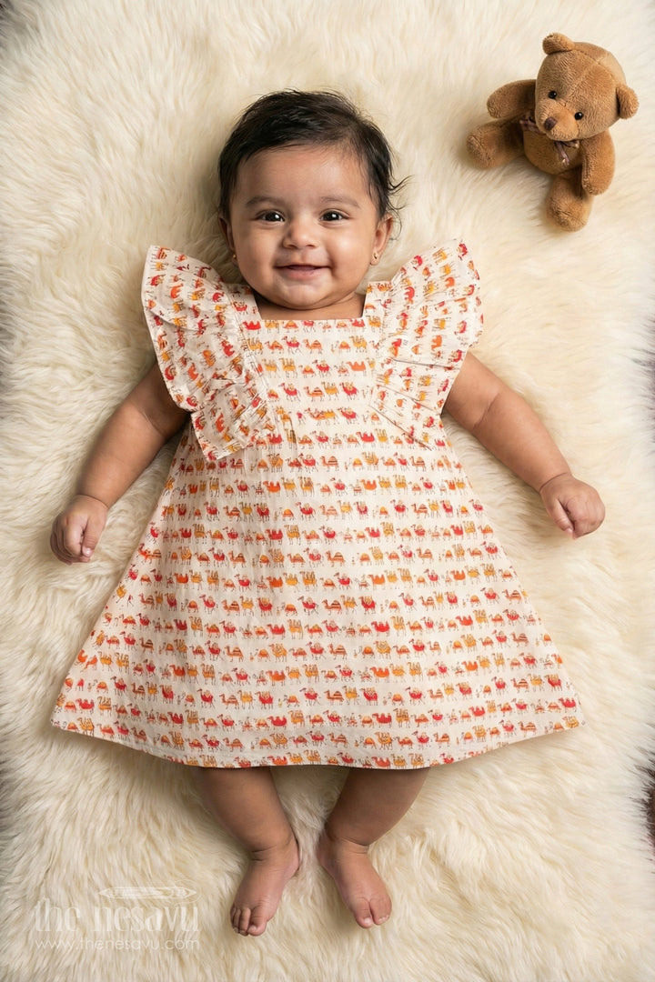 The Nesavu Baby Cotton Frocks Orange Camel Print Cotton Baby Frock with Ruffles for Newborns Nesavu 10 (NB) / Cream BFJ559A-10 Orange Camel Print Cotton Baby Frock with Ruffles for Newborns Nesavu