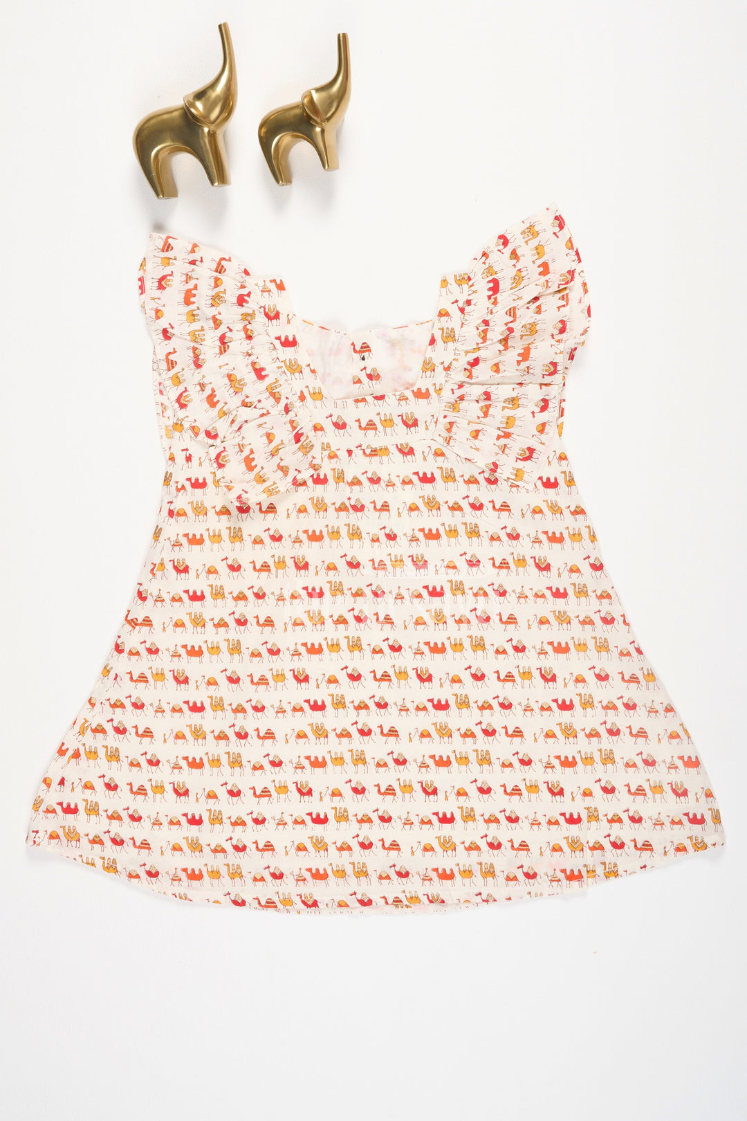 The Nesavu Baby Cotton Frocks Orange Camel Print Cotton Baby Frock with Ruffles for Newborns Nesavu 10 (NB) / Cream BFJ559A-10 Orange Camel Print Cotton Baby Frock with Ruffles for Newborns Nesavu