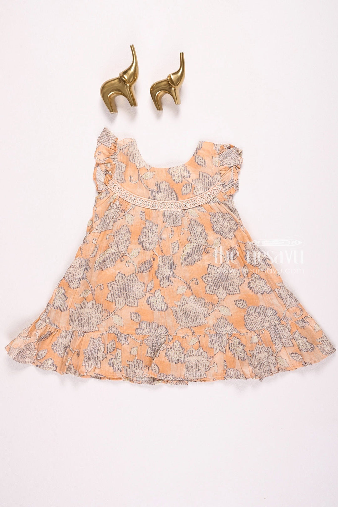 The Nesavu Girls Cotton Frock Orange Floral Printed Cotton Frock for Girls Nesavu 16 (1Y) / Peach GFC1335A-16 Orange Floral Printed Cotton Frock for Girls - Stylish & Playful