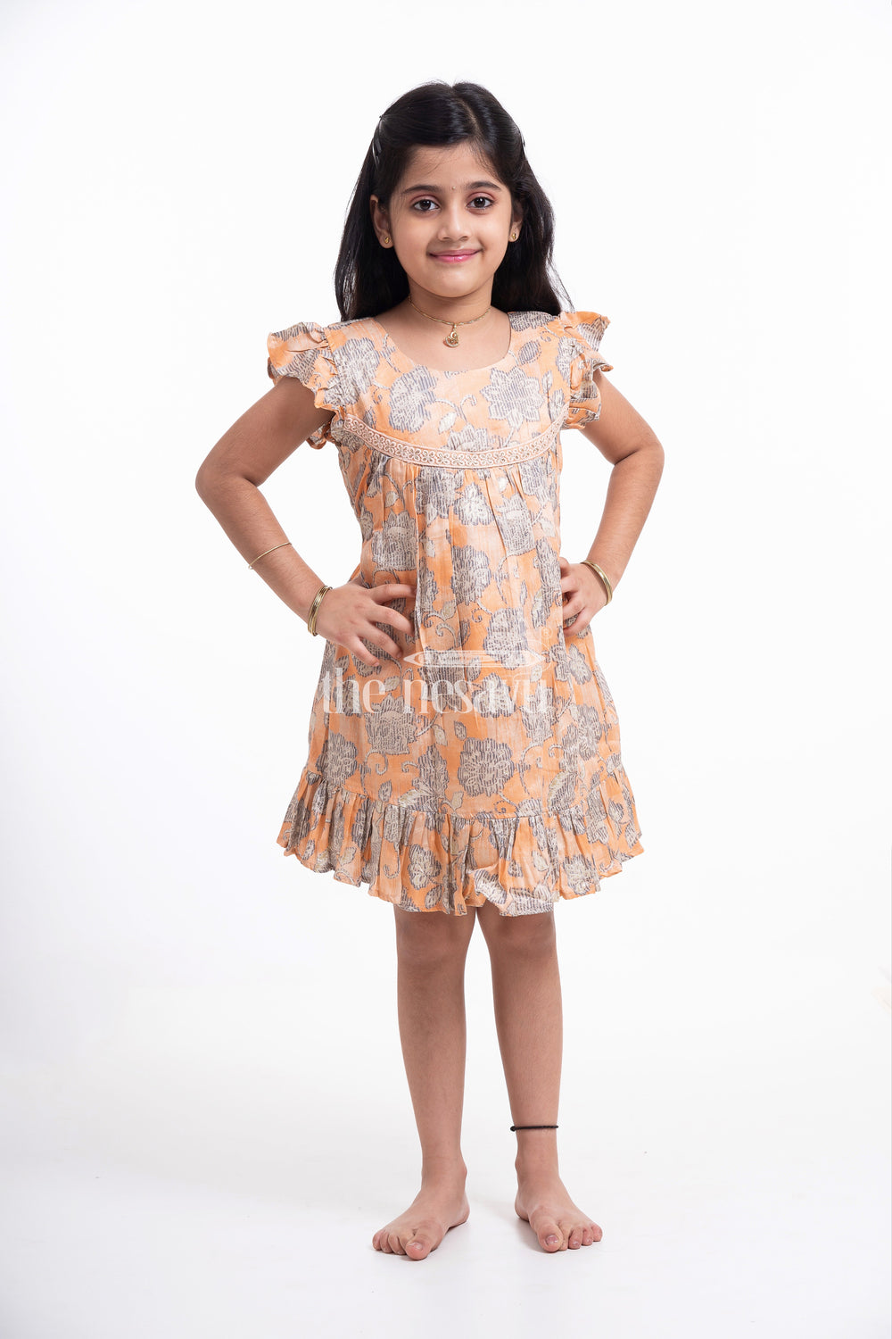 The Nesavu Girls Cotton Frock Orange Floral Printed Cotton Frock for Girls Nesavu Orange Floral Printed Cotton Frock for Girls - Stylish & Playful