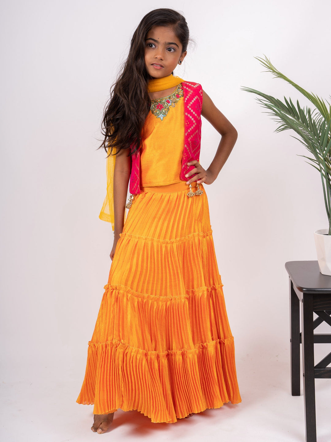 The Nesavu Girls Lehenga Choli Orange Lehenga With Hand Embroidery Yellow Blouse With Pink Over Coat Nesavu 26 (6Y) / Orange GL113-26 Girls Designer Dress Ideas | Girls Lehenga Choli Dress | The Nesavu